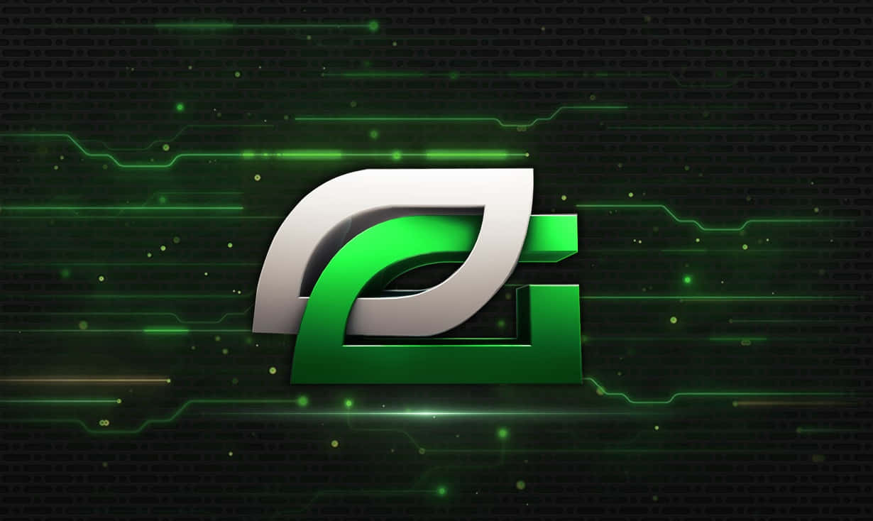 Optic Gaming 桌布 壁紙 — 一個發光的綠色和銀色風格化「G」標誌漂浮在帶有霓虹綠色能量線的深色數位電路板上。