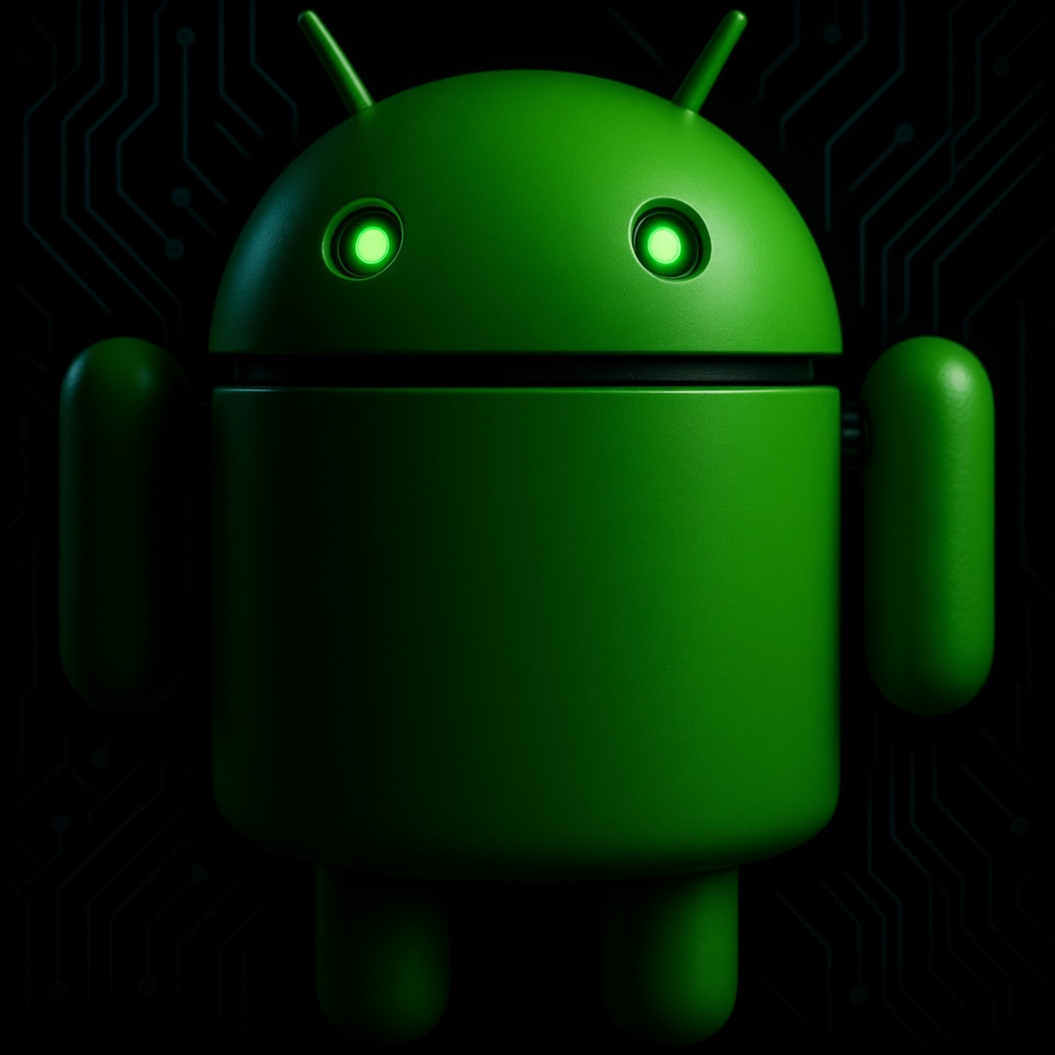 Android Eye Close-Up 壁紙 — 一個發光的綠色Android吉祥物站在黑暗的電路板背景前，眼睛發亮。