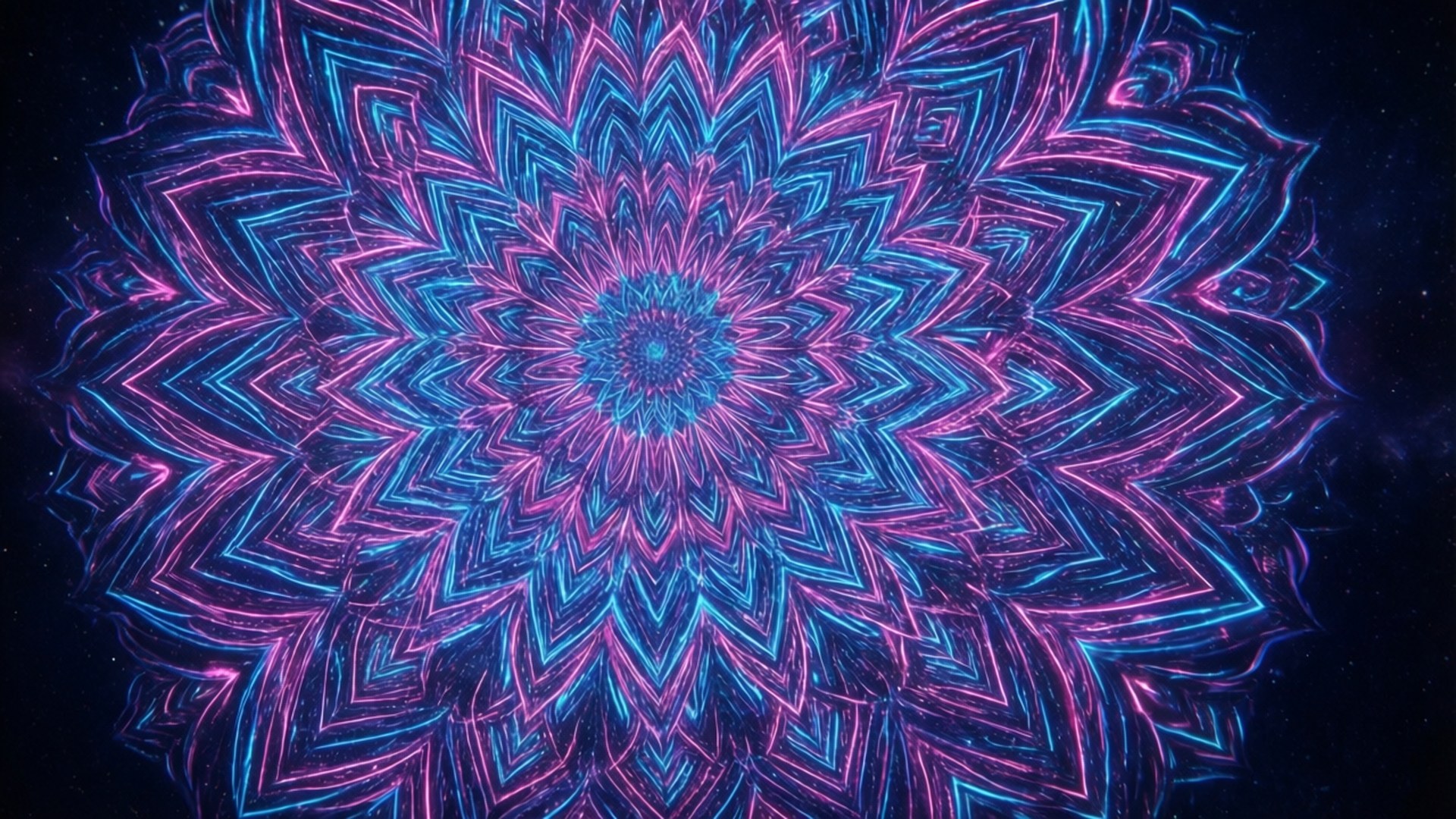 Neon Cosmic Mandala 壁紙 — 一個發光的霓虹藍色和粉紅色幾何曼陀羅在繁星點點的宇宙夜空中脈動。