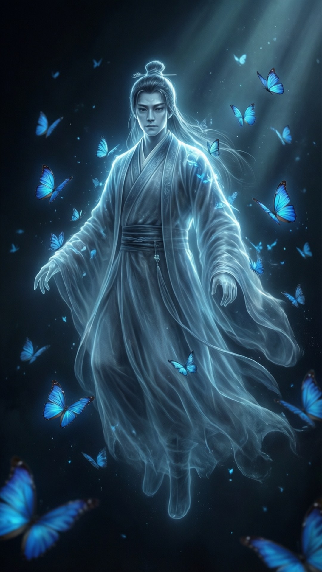 Ghostly Butterfly Dance 壁紙 — 一個發光的人物穿著飄逸的長袍，在黑暗背景中漂浮於發光的藍色蝴蝶和輻射光束之間。