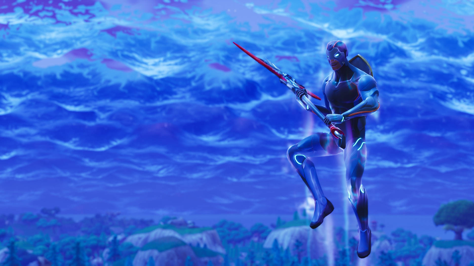 未來戰士在藍天下持發光劍跳躍 — Fortnite 壁紙