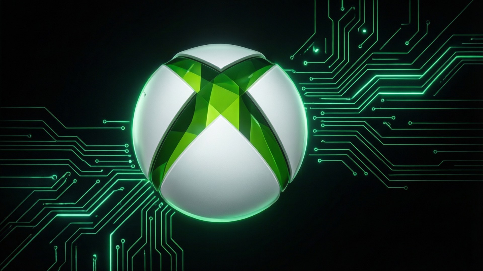 Neon Xbox Logo 壁紙 — 一個發光的Xbox標誌球體，居中於深色背景上，帶有向外輻射的發光綠色電路板圖案。