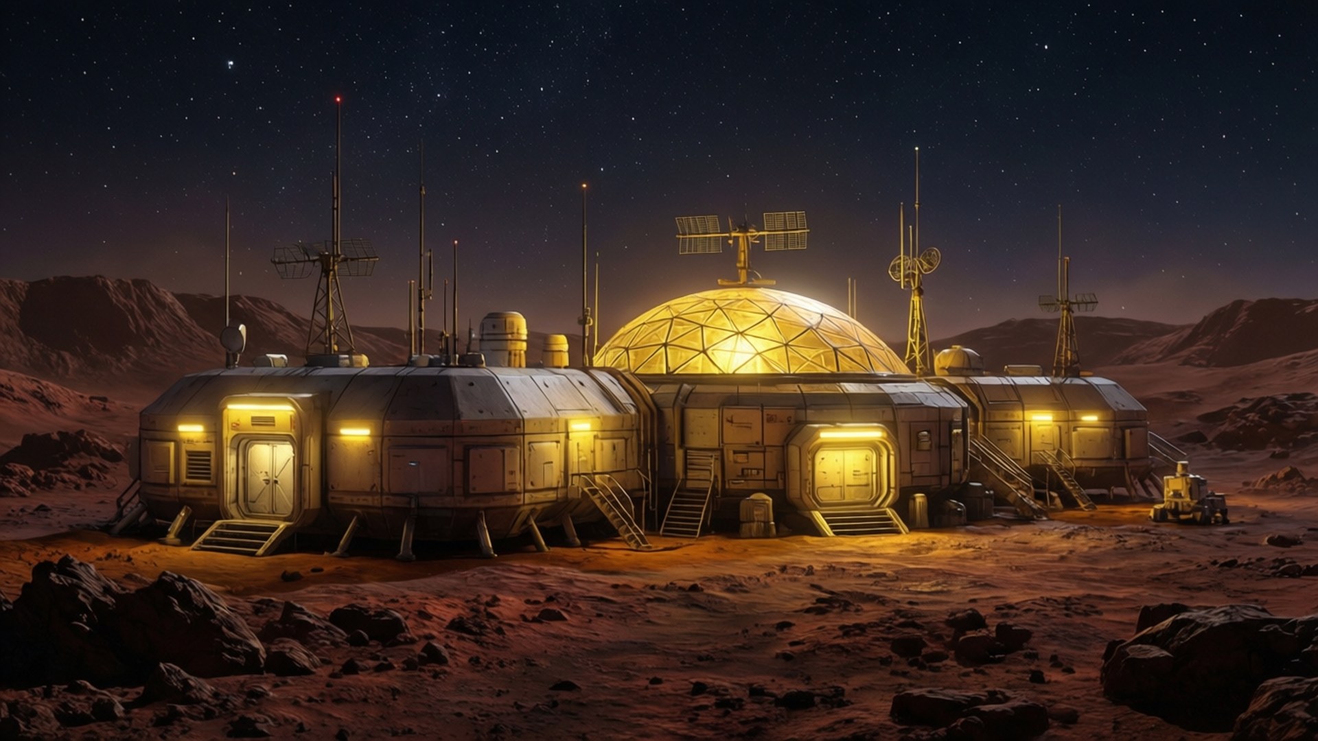 Mars Base Night Glow 壁紙 — 一個發光的圓頂形太空站，帶有圓柱形模組，矗立在岩石紅色的行星上，星空下。