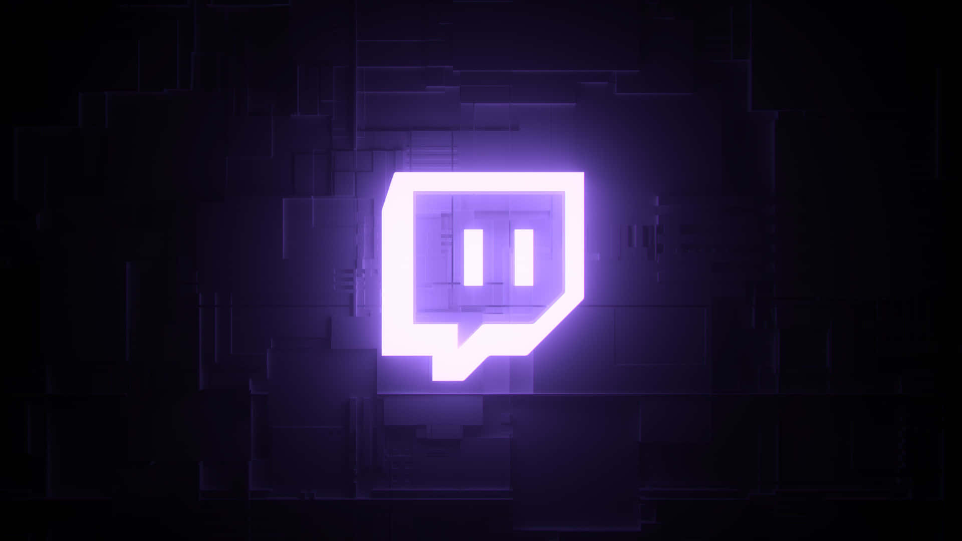  壁紙 — 一個發光的紫色 Twitch 標誌在黑暗的幾何數位背景上脈動。