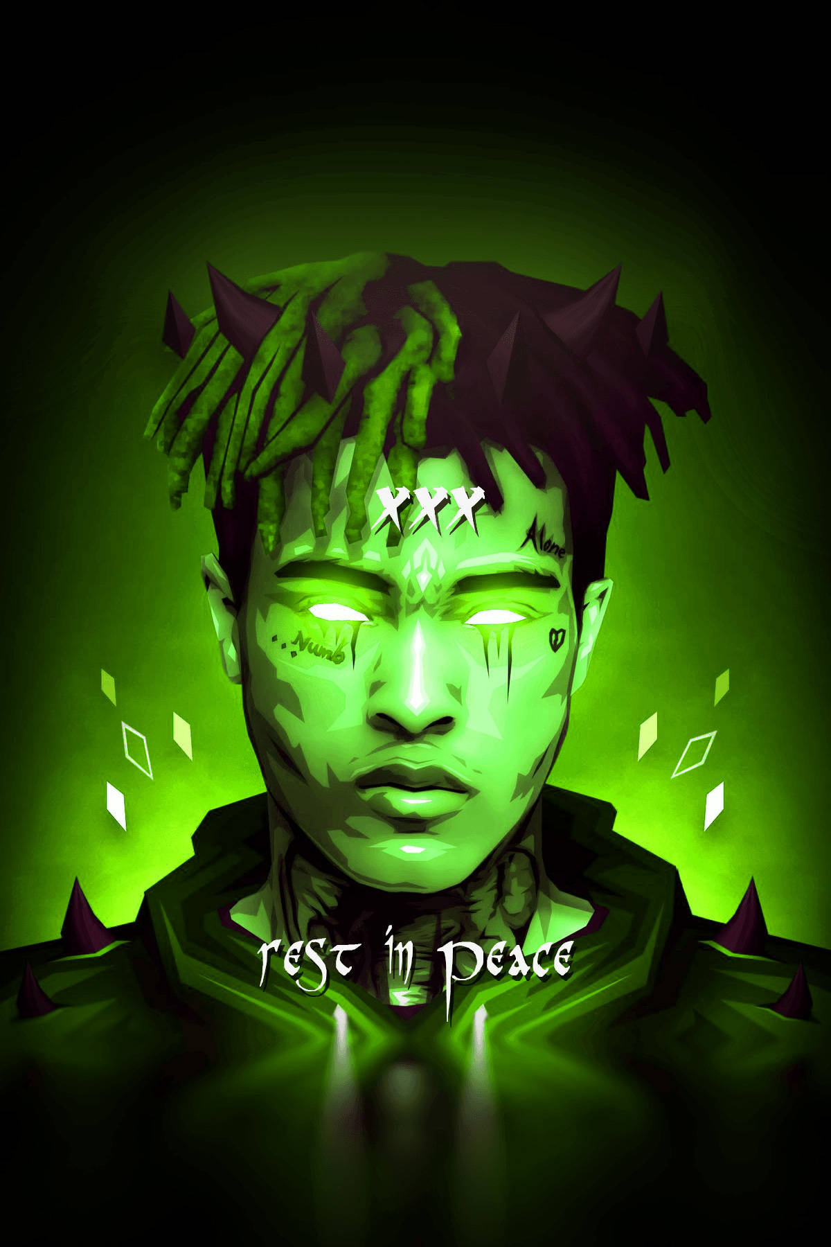 一個發光綠色數位肖像，描繪一名留著辮子、眼睛發光的男子。 — Xxxtentacion 壁紙