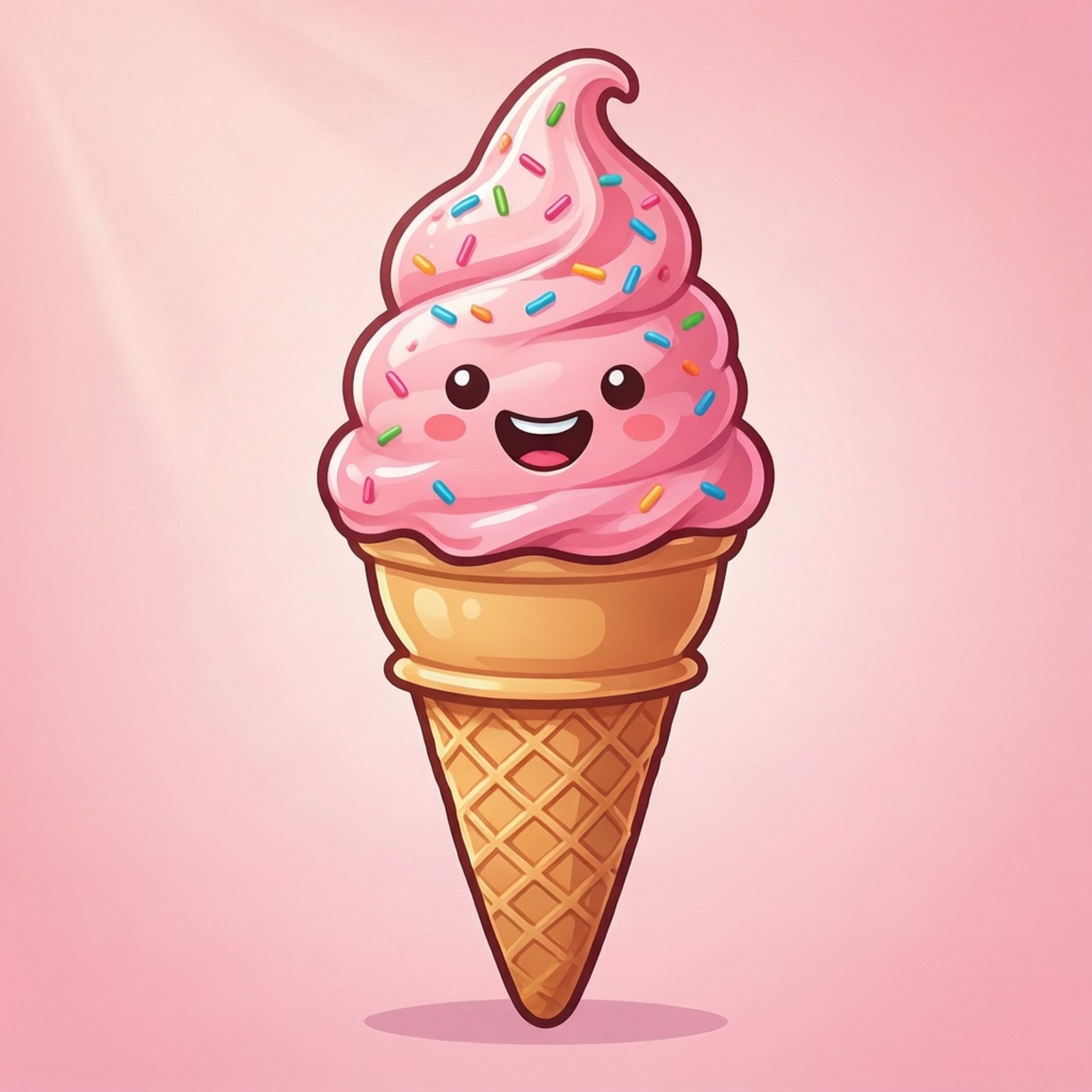 Smiling Ice Cream Cone 壁紙 — 一個粉紅色的開心冰淇淋甜筒，上面有彩色糖粒和笑臉，背景是柔和粉紅色。