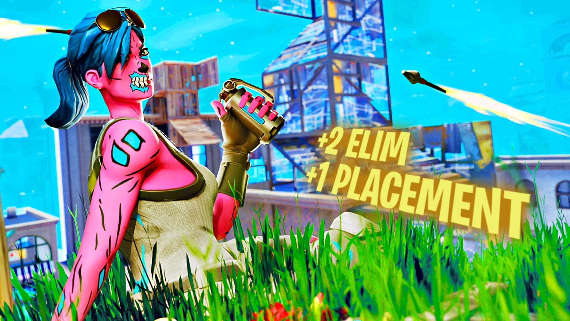  壁紙 — 一個粉紅色皮膚的Fortnite角色，藍色頭髮和護目鏡，蹲在草地上，手持手榴彈，附近漂浮著遊戲統計數據。