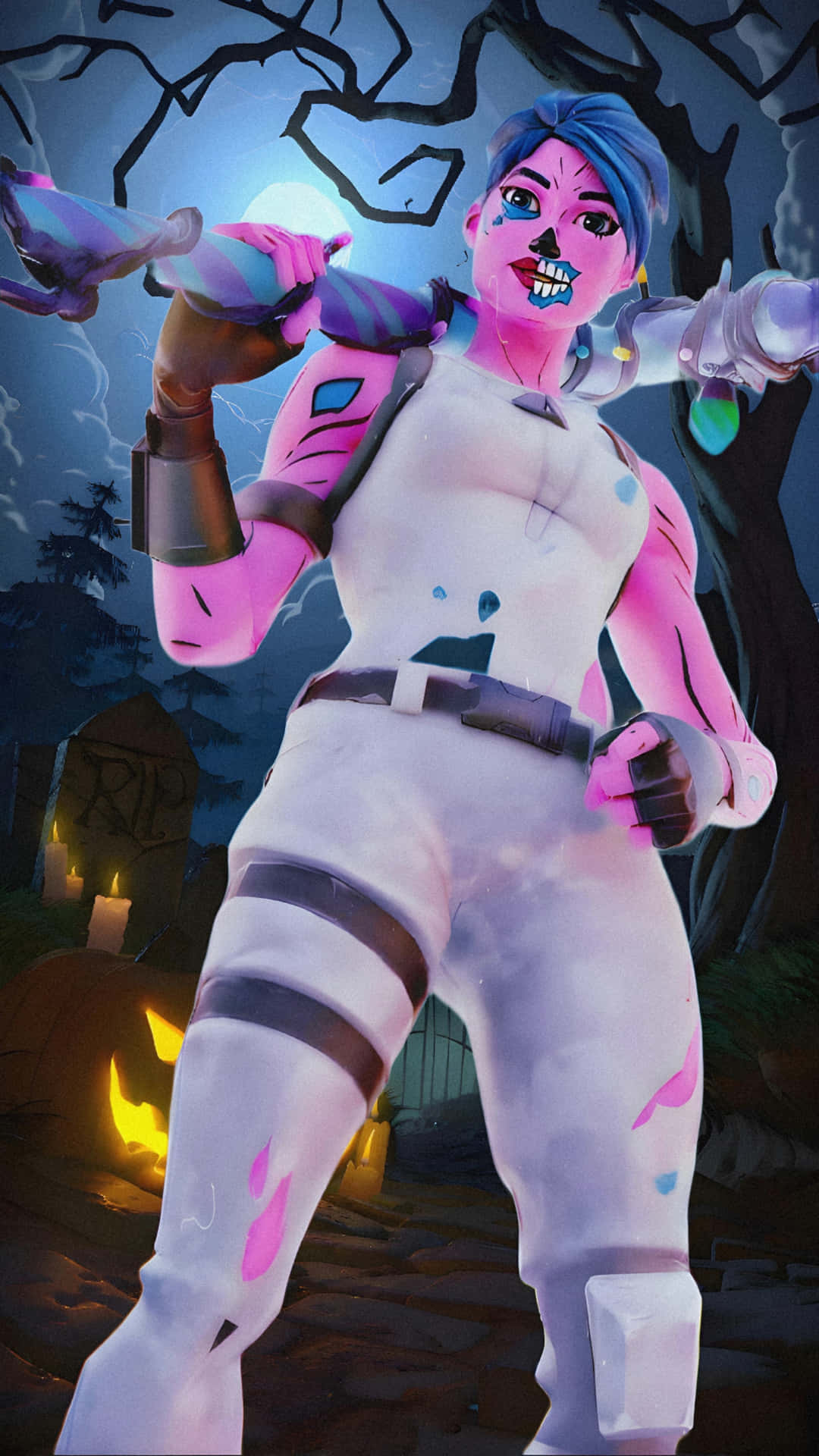  壁紙 — 一個粉紅色皮膚的Fortnite角色，臉上畫著骷髏妝，在滿月下的恐怖墓地揮舞著發光武器。