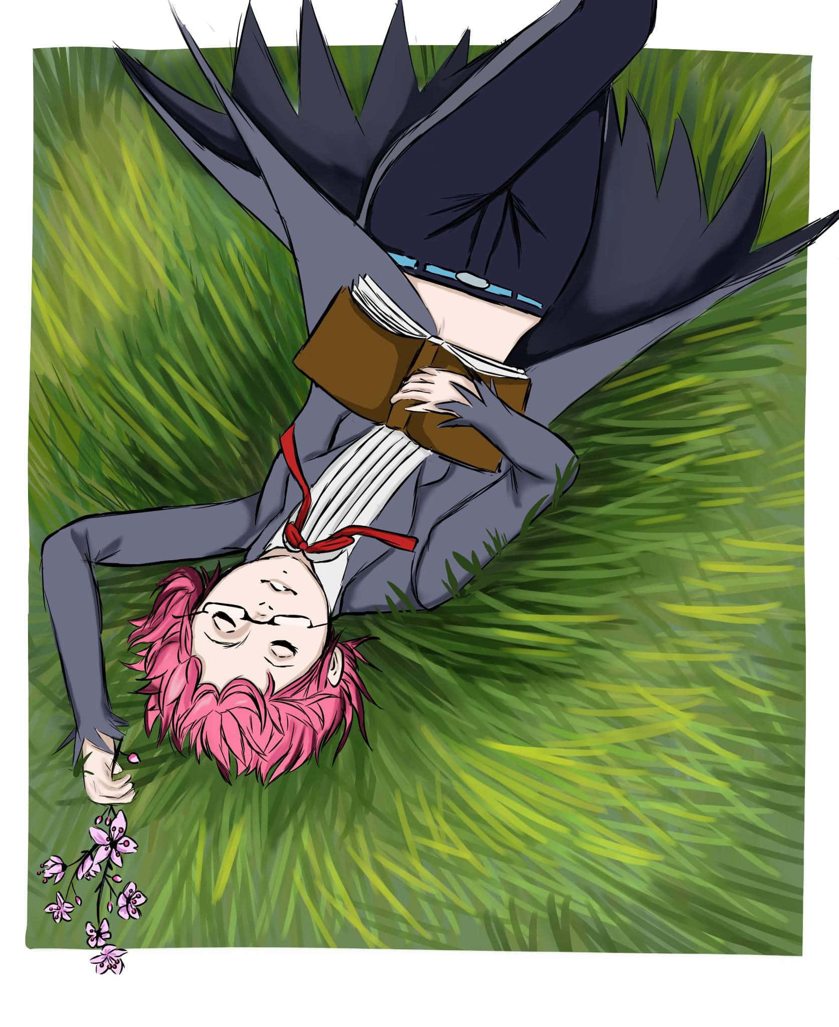 Seven Deadly Sins Gowther 桌布 壁紙 — 一個粉紅色頭髮的動漫女孩倒掛在充滿活力的綠色草地上，拿著一本書和一枝紫色的花。
