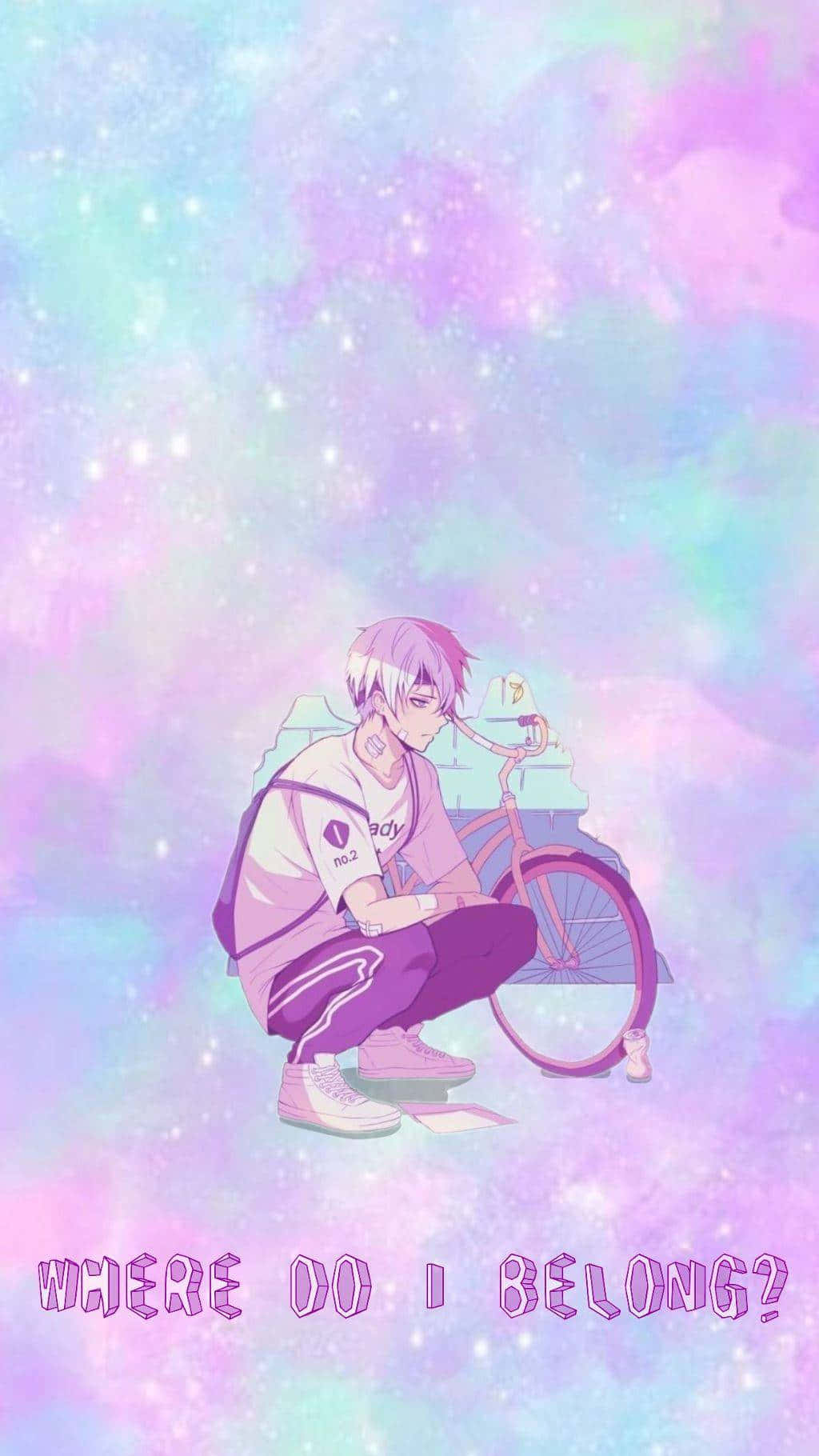  壁紙 — 一個粉紅色頭髮的年輕動漫男孩坐在腳踏車旁邊，背景是夢幻的粉彩銀河星空。