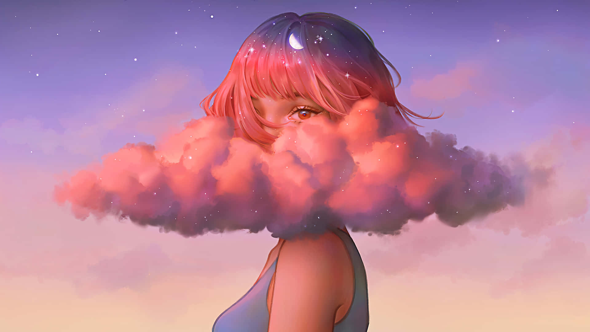  壁紙 — 一個粉紅色頭髮、頭髮上帶有新月圖案的女孩，在繁星點點的暮色天空下，從發光的粉紅色雲朵後面探出頭來。