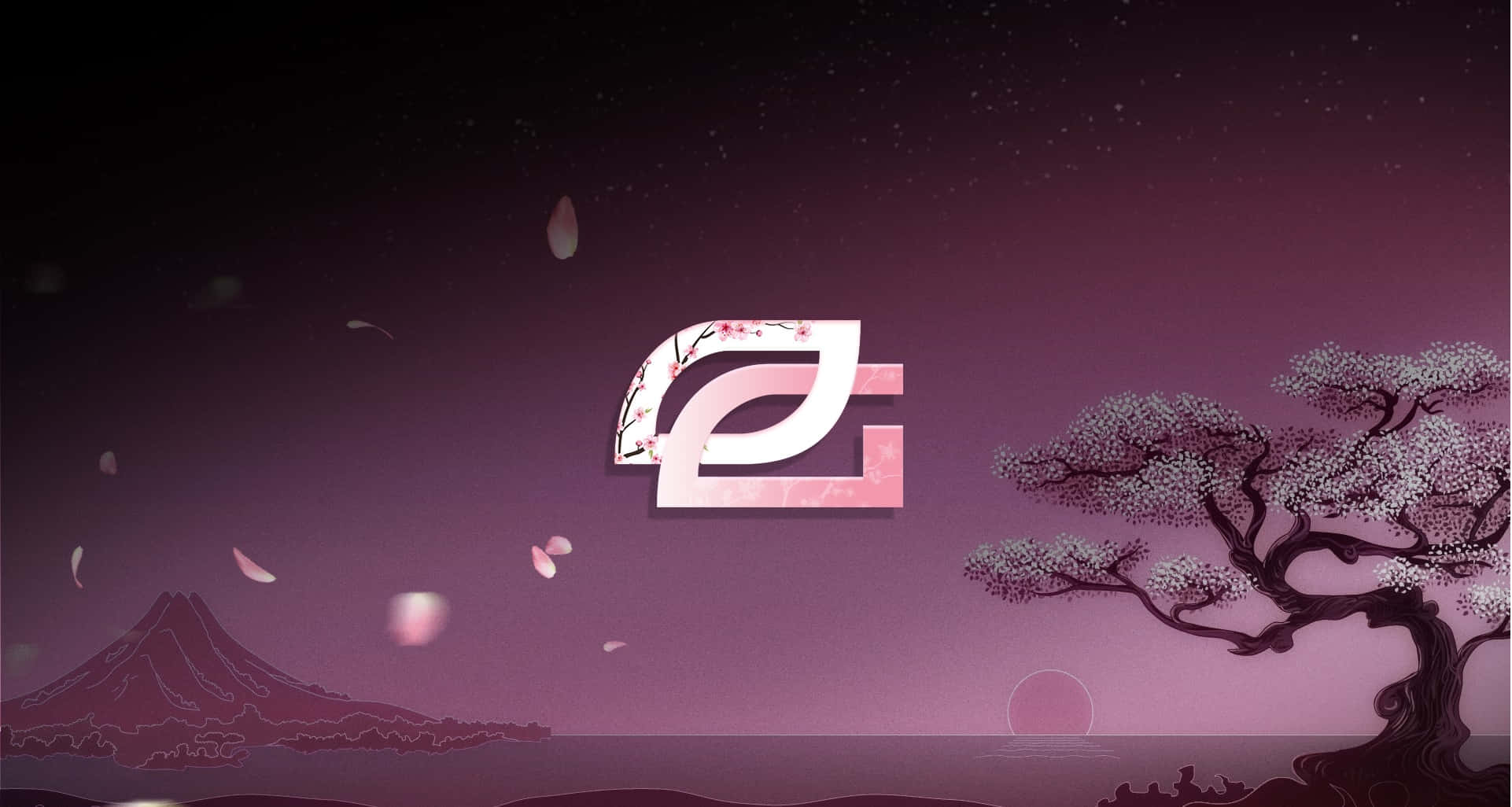Optic Gaming 桌布 壁紙 — 一個風格化的標誌漂浮在飄落的櫻花中，背景是暮色天空下的富士山和一棵盛開的櫻花樹。