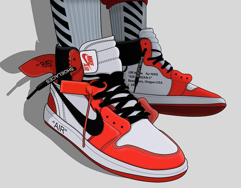 紅、白、黑色的Nike Air Jordan 1運動鞋，帶有Off White品牌標誌和條紋襪子。 — Jordan Logo 壁紙