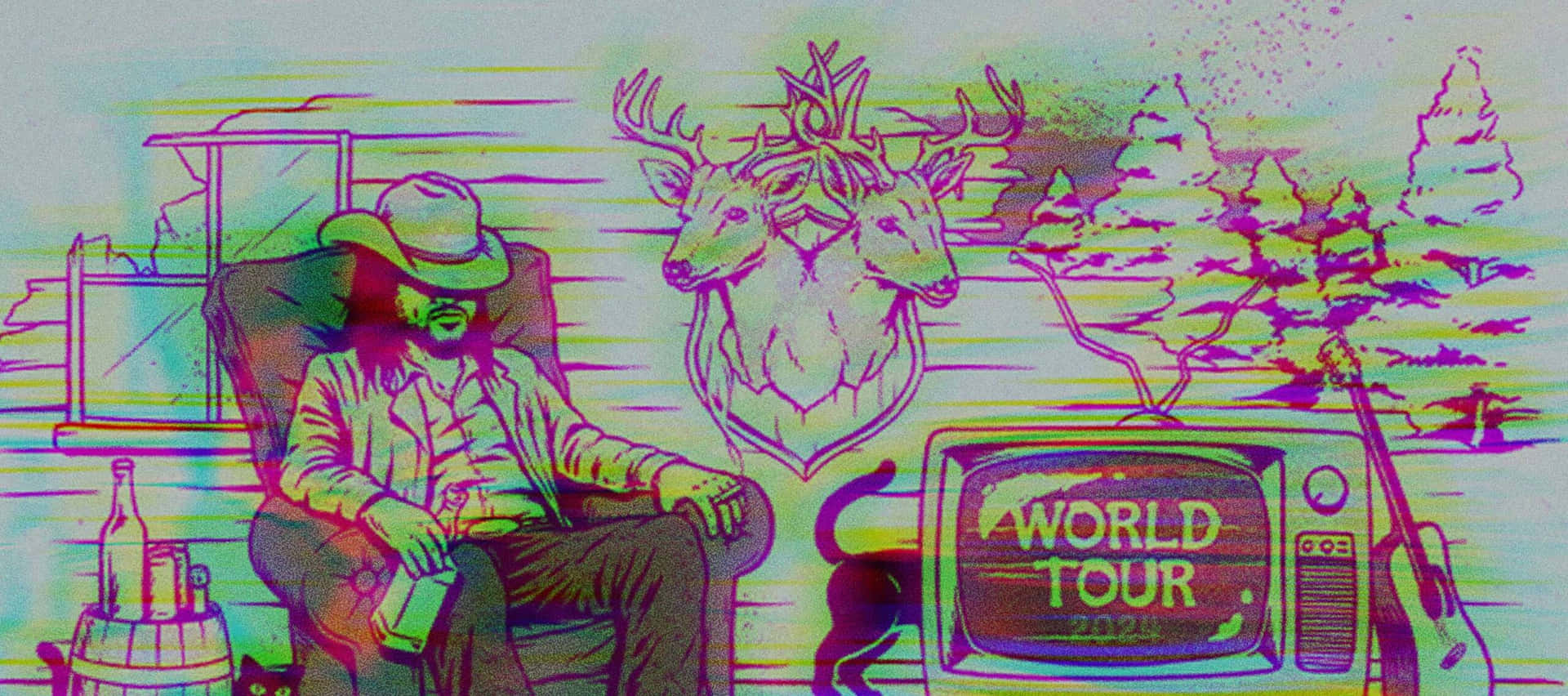  壁紙 — 一個風格化的插圖，描繪一個戴牛仔帽的男人坐在椅子上放鬆，旁邊的電視顯示 'WORLD TOUR 2024'，並有鹿頭和吉他，採用超現實、故障風格的色彩調色板。