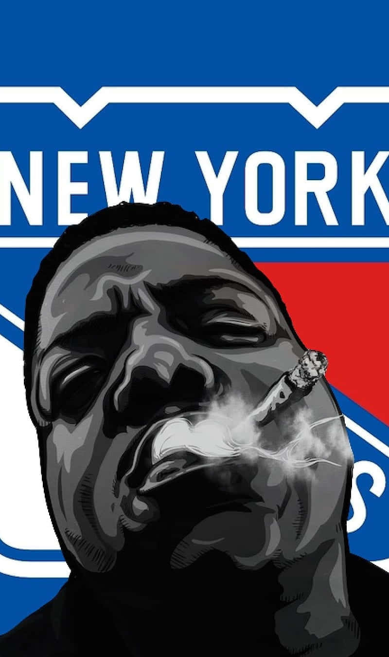  壁紙 — 一個風格化的插圖，描繪一名男子在紐約遊騎兵隊標誌背景下吸煙。