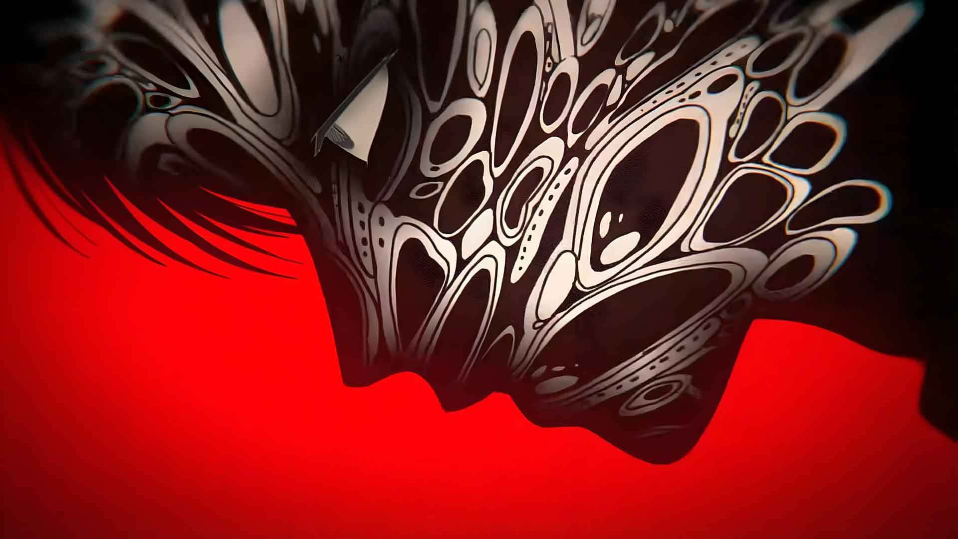  壁紙 — 一個風格化的抽象面孔，帶有旋轉的黑白圖案，背景為鮮紅色。