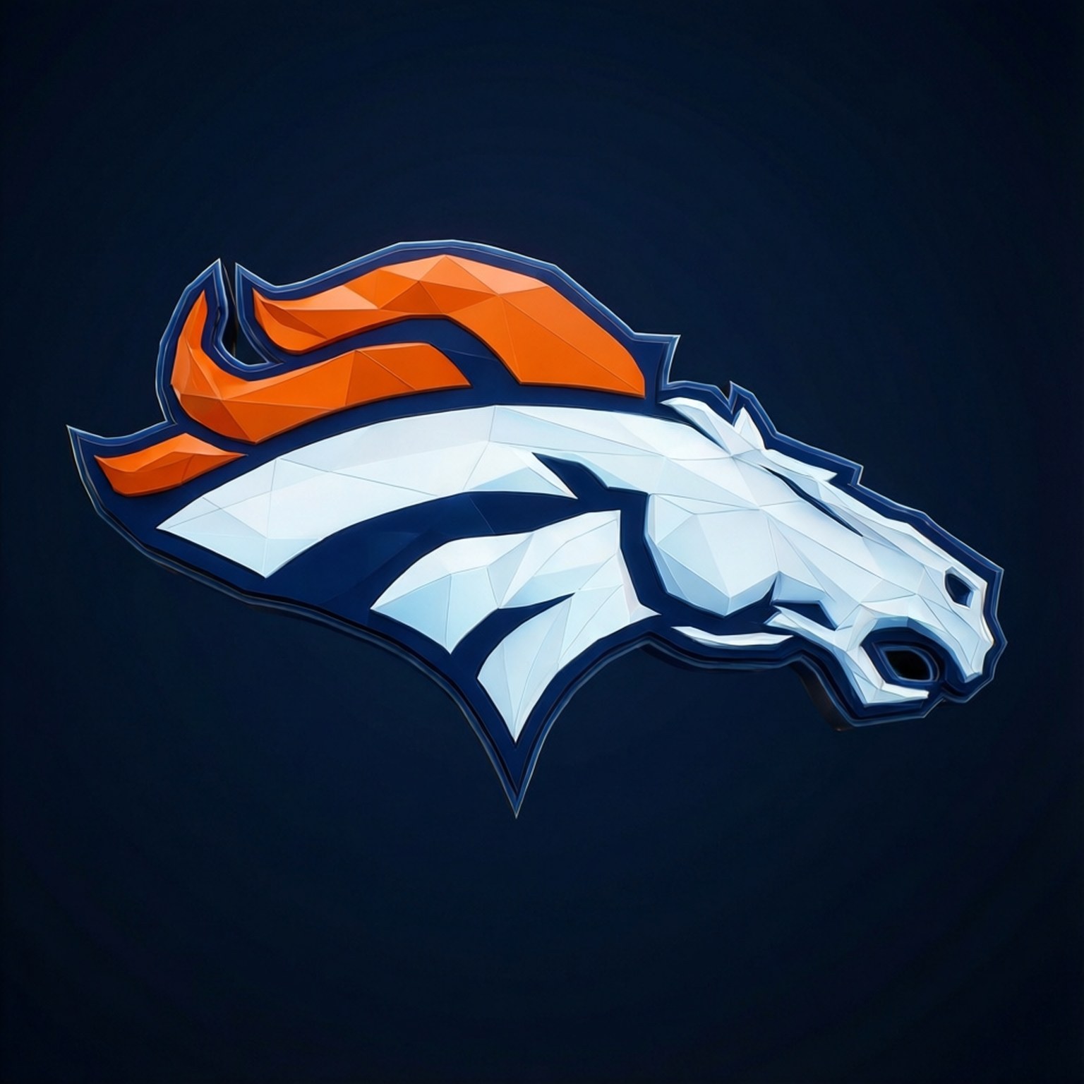 Low Poly Horse Logo 壁紙 — 一個風格化的低多邊形馬頭標誌，帶有橙色鬃毛和白色身體，在深藍色背景上。