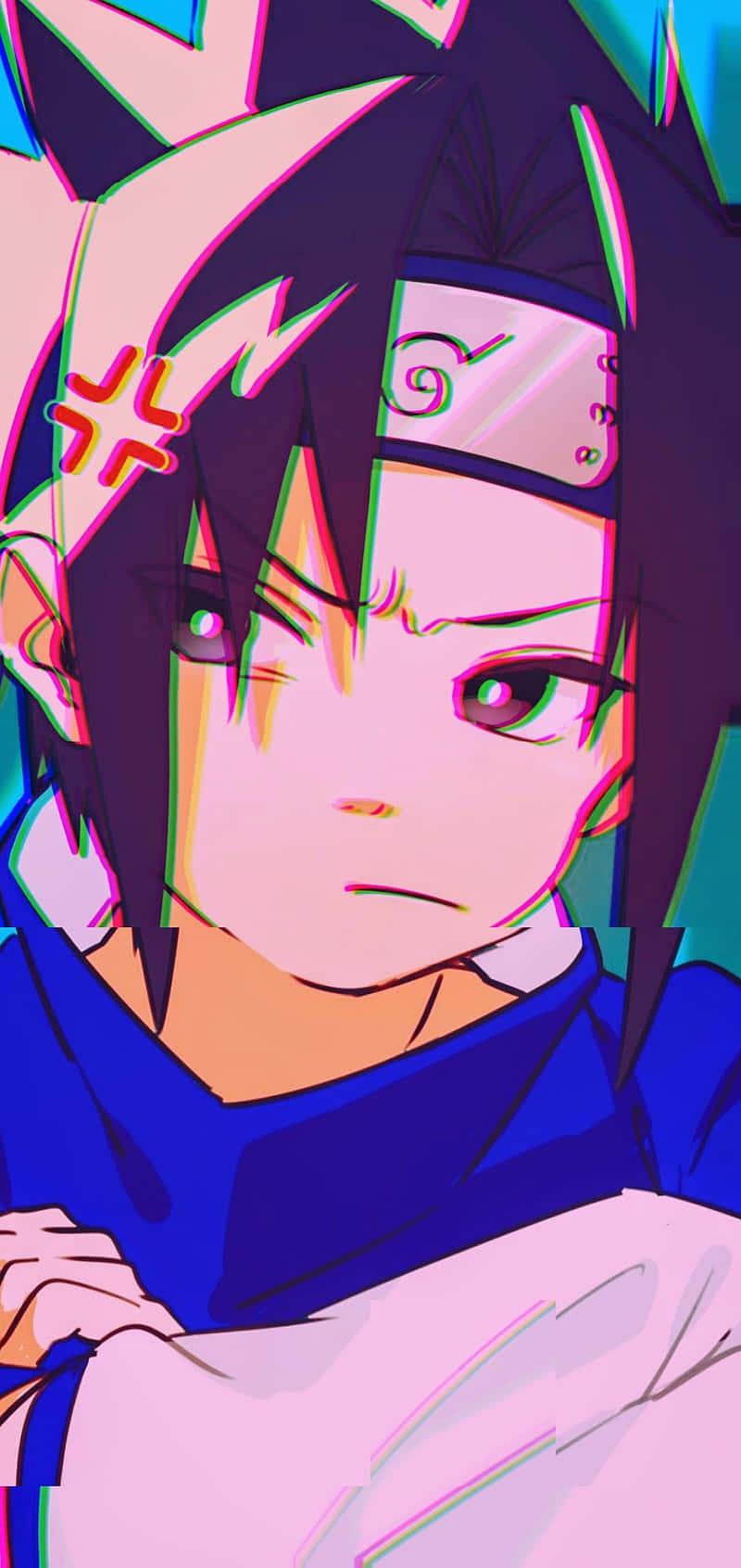 深色頭髮和頭帶的動漫角色，帶有故障霓虹色彩。 — Sasuke 壁紙