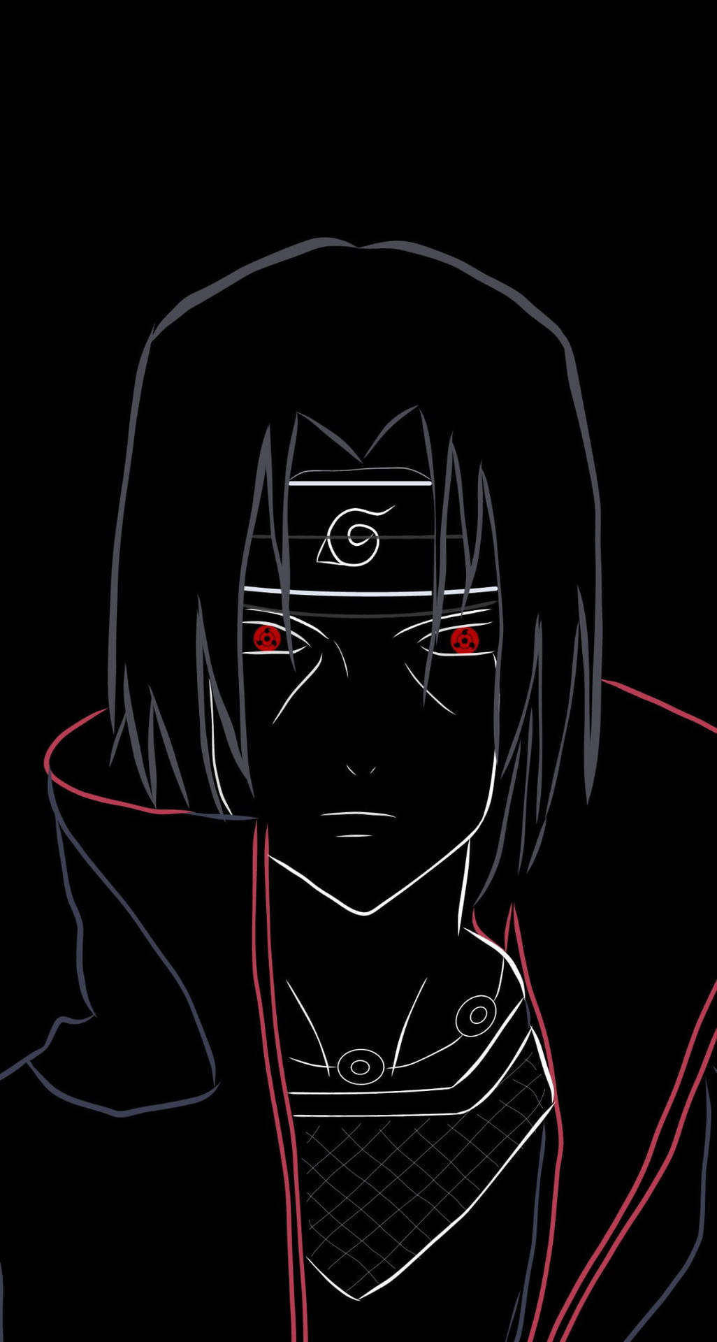 動漫忍者，紅色眼睛，白色輪廓頭帶，黑色背景。 — Sasuke 壁紙