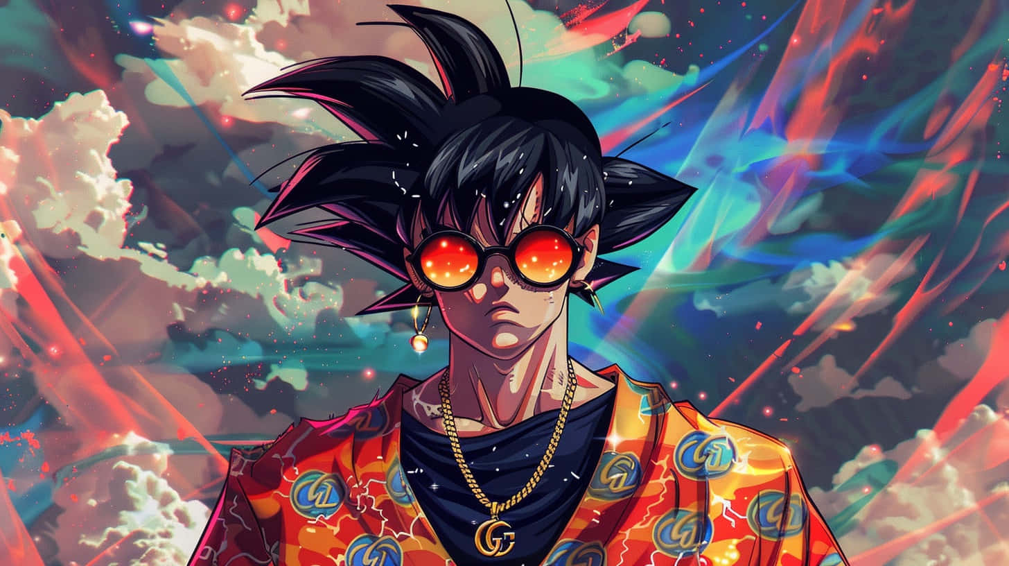  壁紙 — 一個風格化的動漫角色，擁有尖刺的黑髮和橙色太陽眼鏡，站在充滿活力的宇宙天空前，天空中有旋轉的紅色、藍色和青色能量條紋。