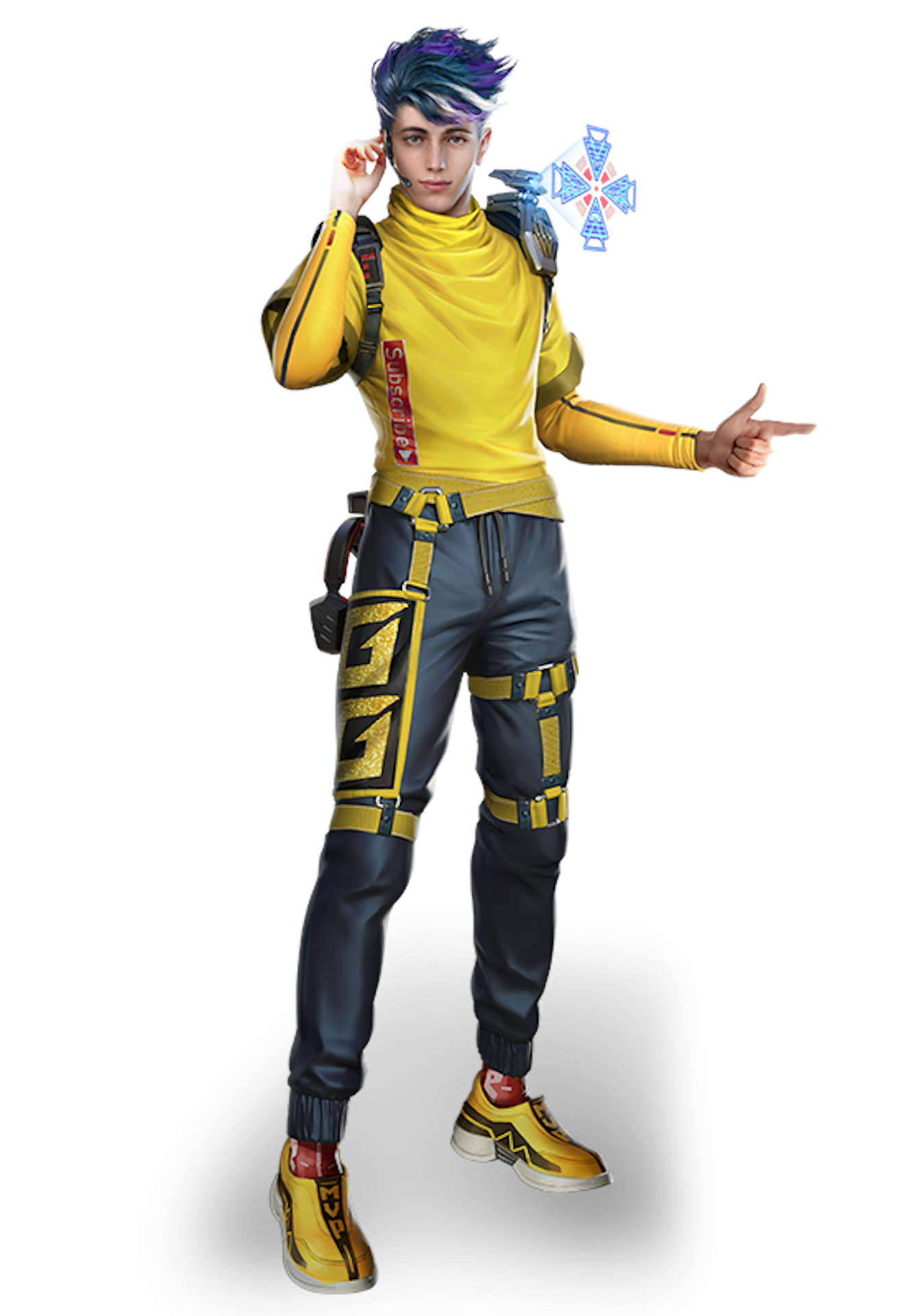 穿著黃色和黑色裝備的動漫角色，指著一個發光的符號。 — Free Fire 壁紙