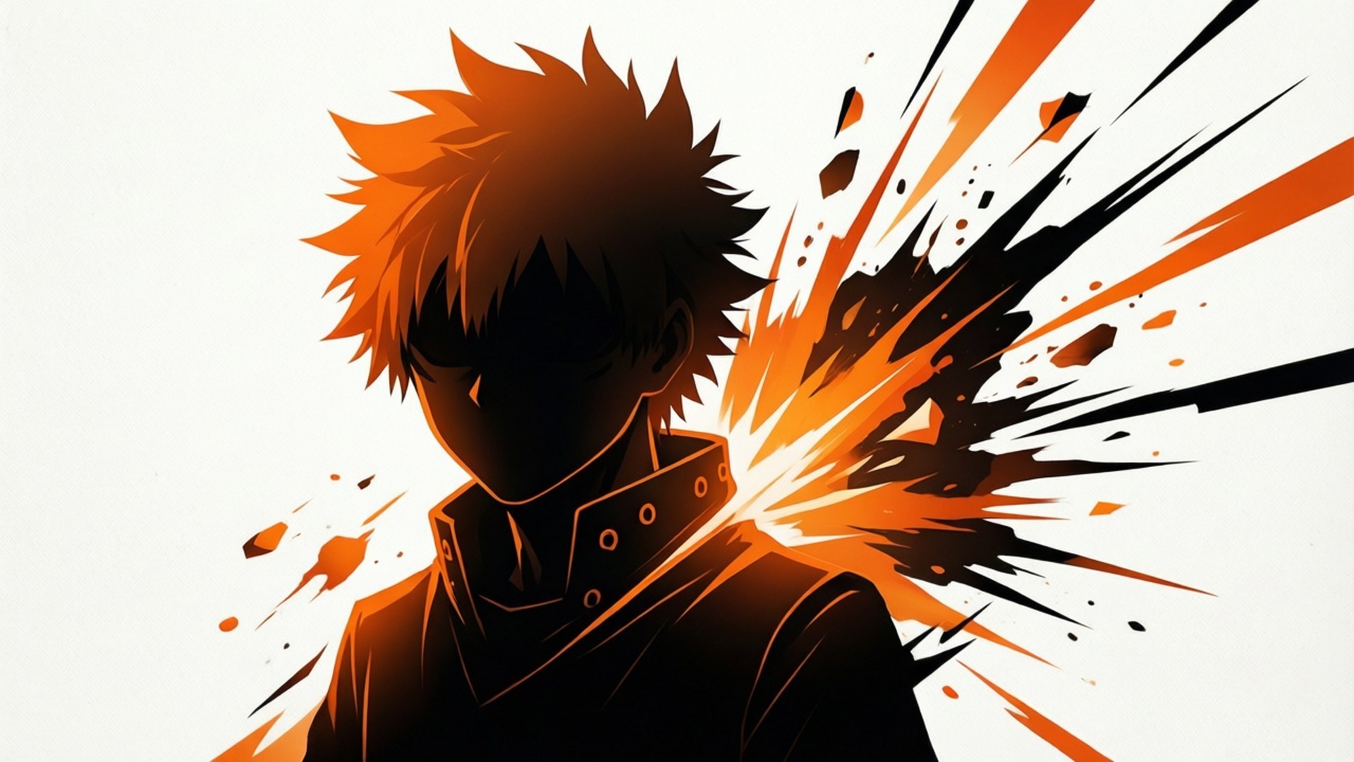 Minimalist Explosion 壁紙 — 一個風格化的動漫角色，有著尖刺的橙色頭髮和深色外套，在白色背景上以火熱的橙色和黑色運動線條向前衝刺。