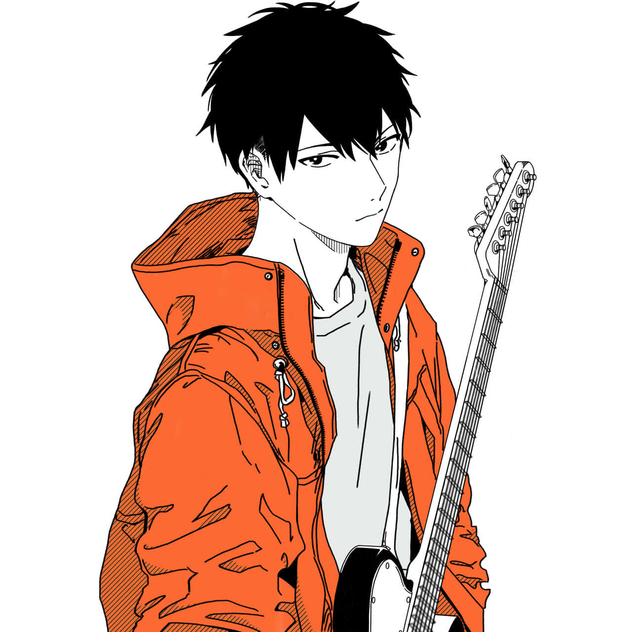 Ritsuka Uenoyama 桌布 壁紙 — 一個風格化的動漫男孩，有著尖刺的黑髮，穿著橙色外套，在純白色背景前拿著一把白色電吉他。