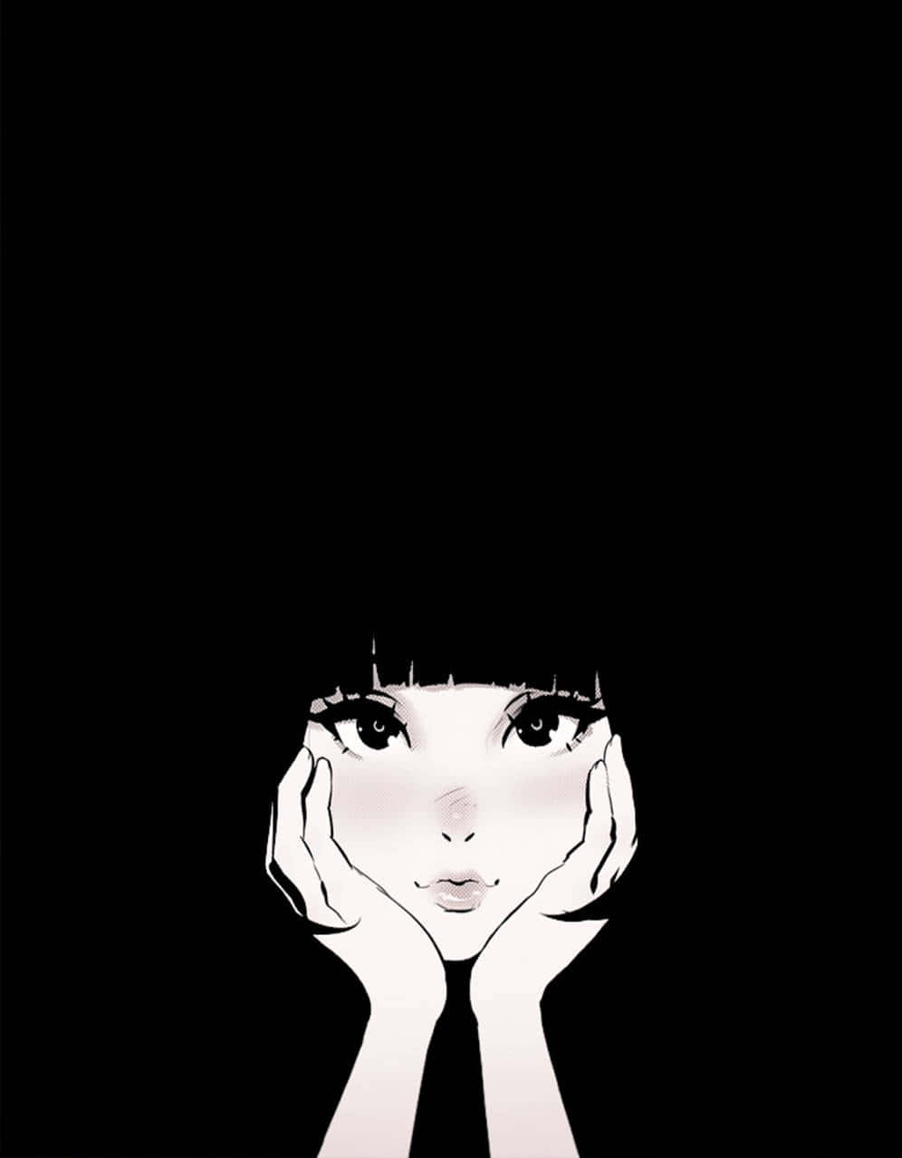  壁紙 — 一個風格化的動漫女孩，短黑髮，雙手托腮，背景為純黑色。