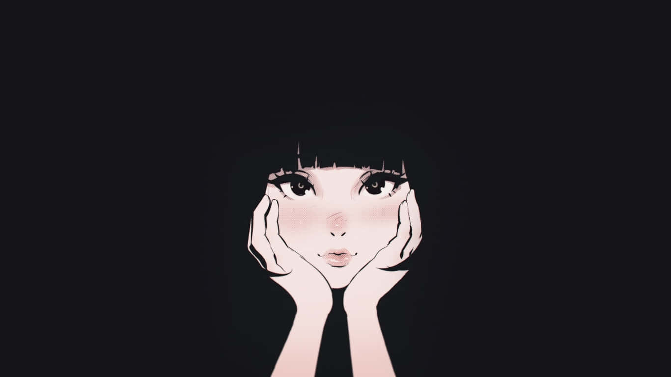  壁紙 — 一個風格化的動漫女孩，黑髮大眼，在深色背景前用手托著下巴。