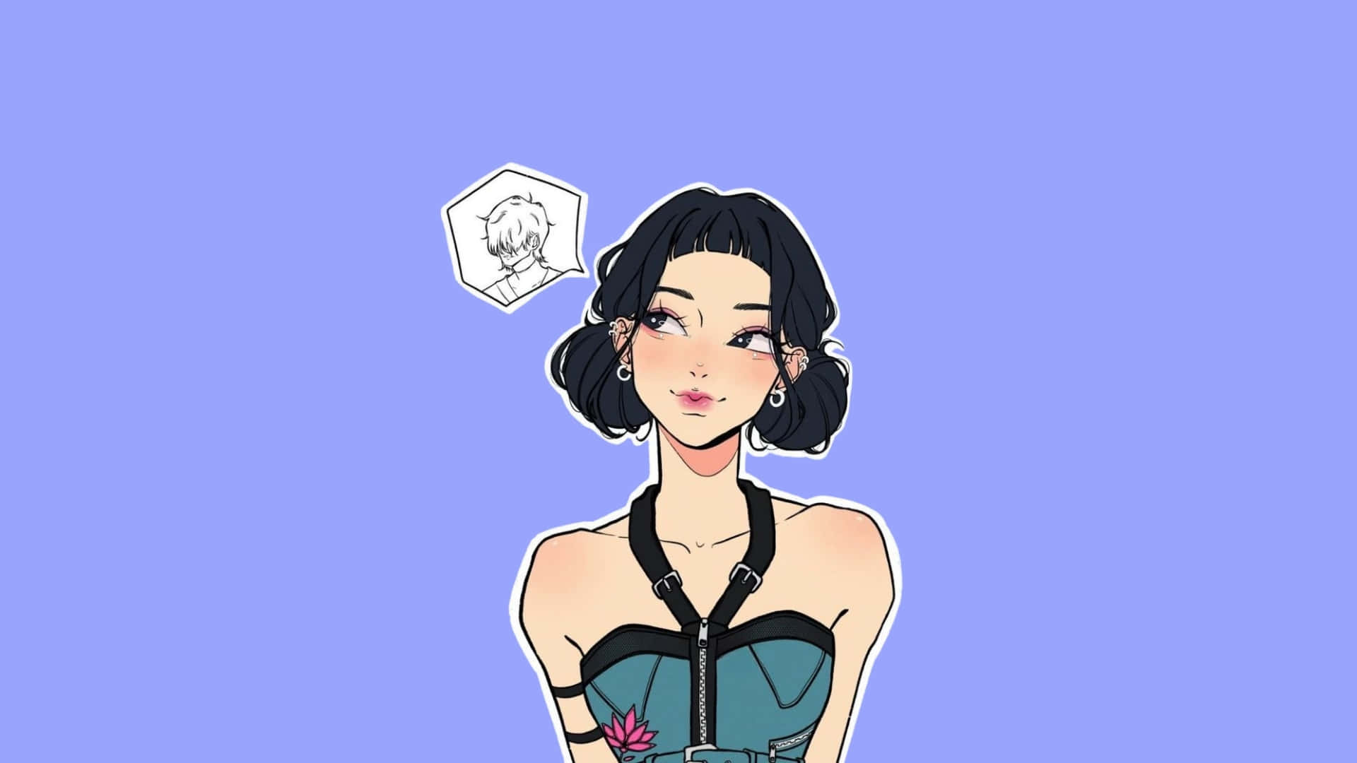  壁紙 — 一個風格化的動漫女孩，黑色鮑伯頭，穿著青綠色束腰，向上凝視，有一個顯示男孩素描的對話氣泡。