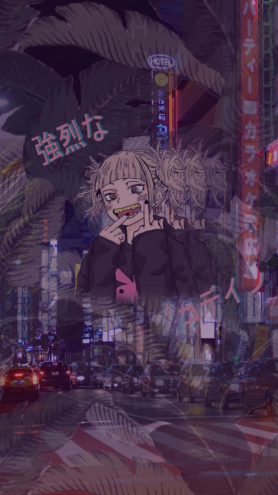  壁紙 — 一個風格化的動漫女孩，金髮，連帽衫上有粉紅色的心，站在霓虹燈照亮的城市街道上，有棕櫚樹和日語標誌。
