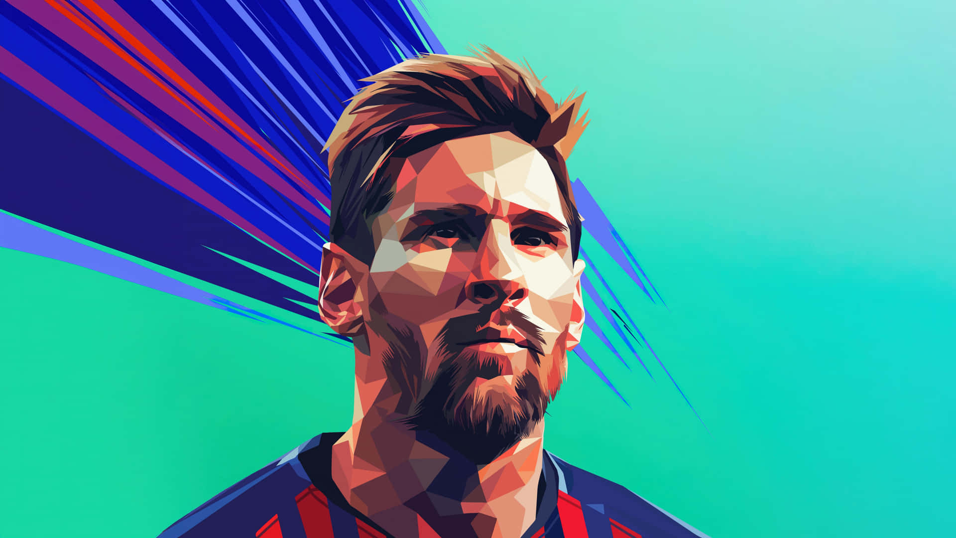  壁紙 — 一個風格化的多邊形肖像，描繪梅西（Lionel Messi），帶有動態的藍色和紅色條紋，背景為青綠色。