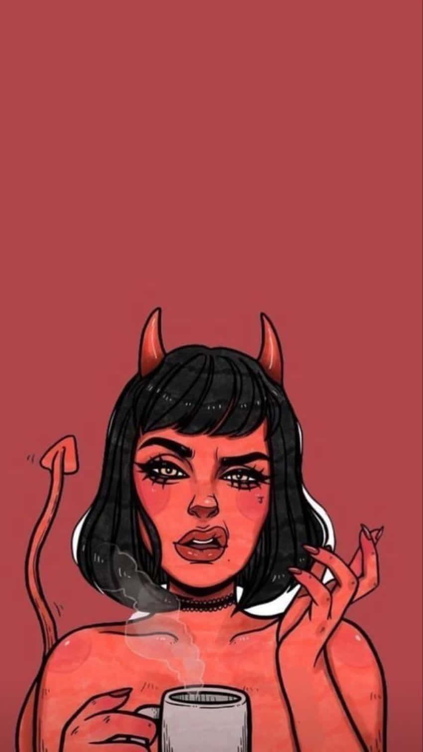  壁紙 — 一個風格化的惡魔女人，有角和尾巴，在純紅色背景前啜飲一杯冒著蒸氣的杯子。