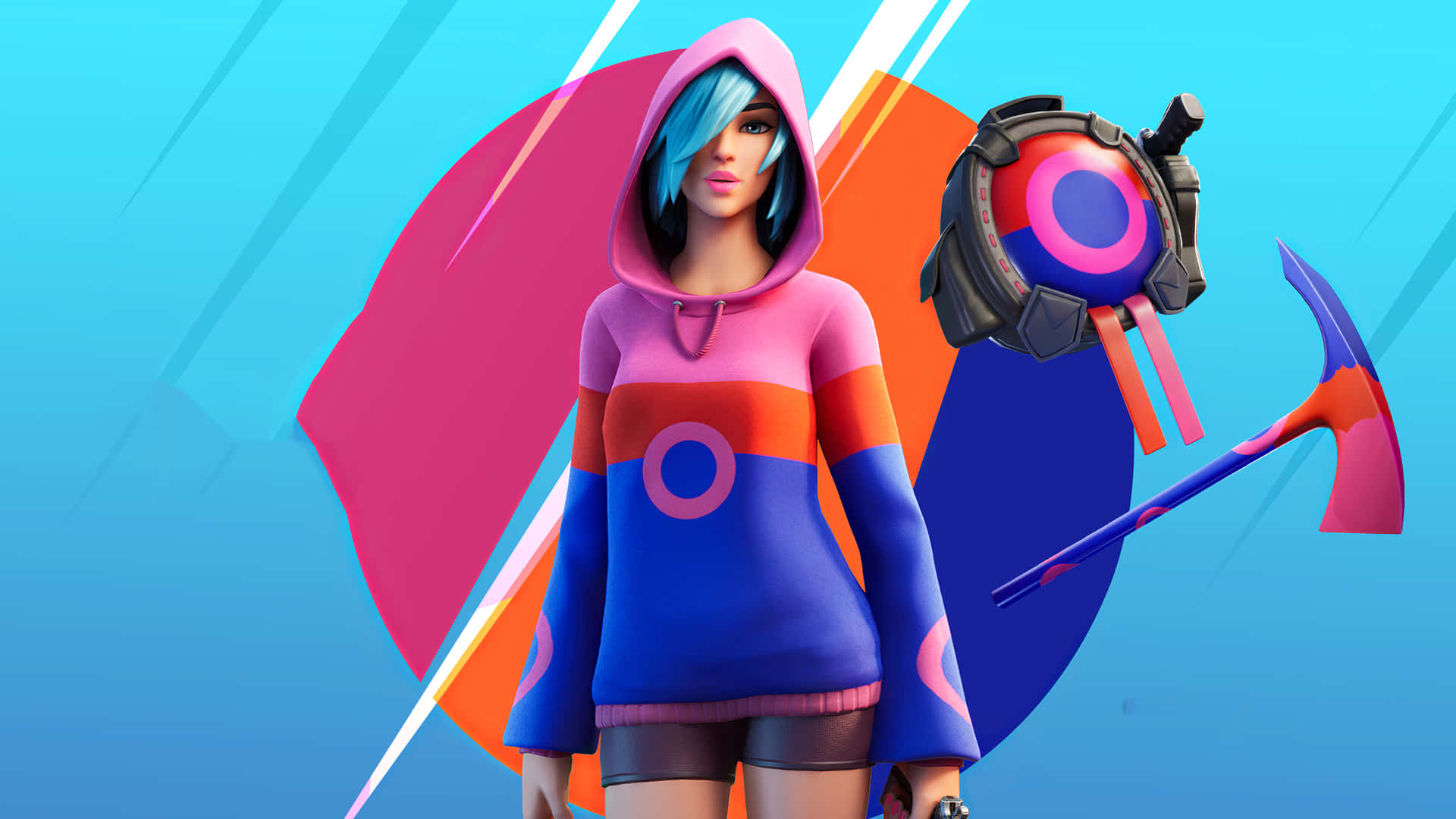  壁紙 — 一個風格化的Fortnite角色穿著色彩繽紛的連帽衫，站在鎬和盾牌旁邊，背景是充滿活力的抽象圖案。