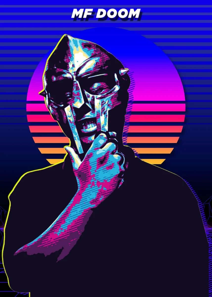  壁紙 — 一個風格化的復古未來主義肖像，MF DOOM 戴著金屬面具，背景是充滿活力的日落漸層色。