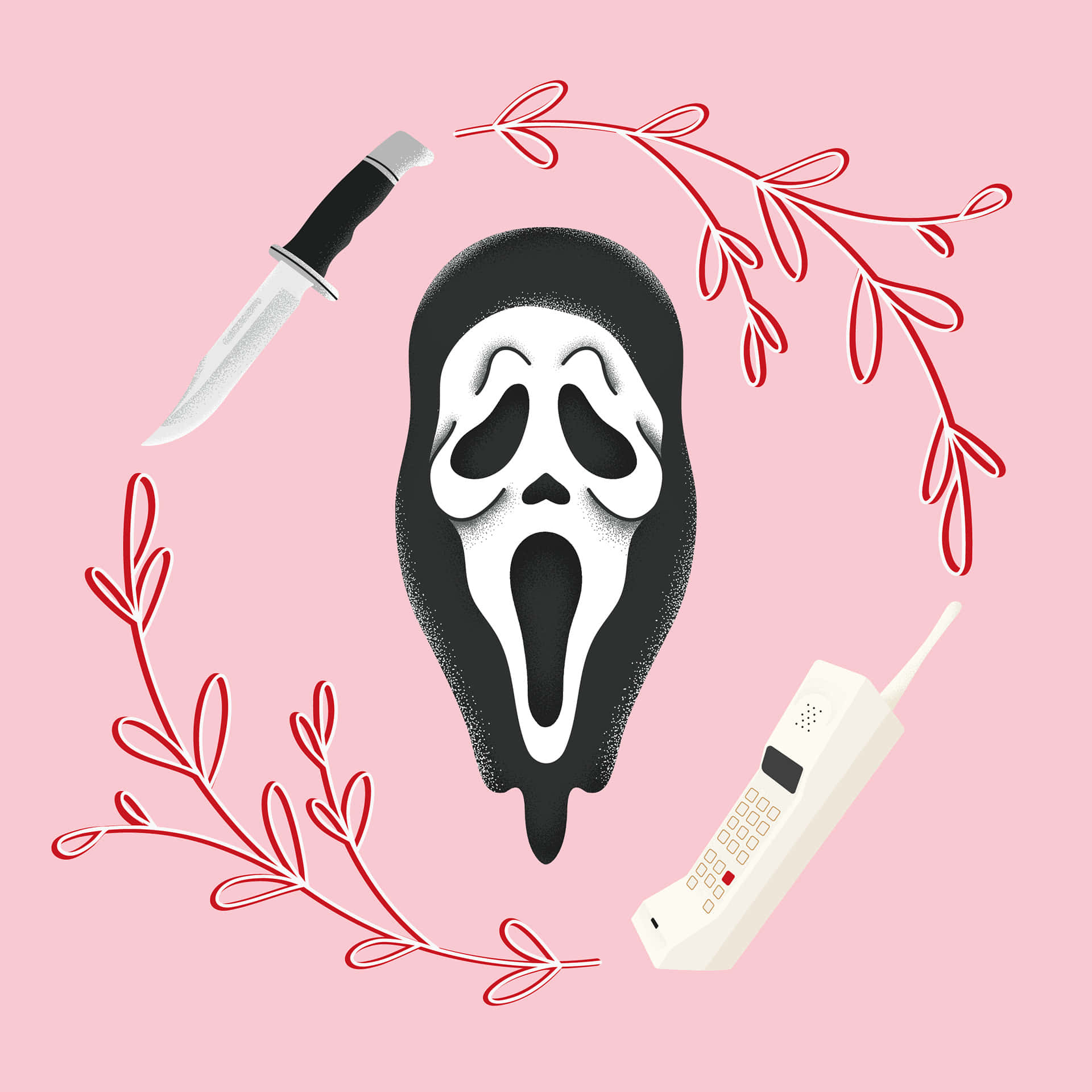  壁紙 — 一個風格化的Ghostface面具，周圍環繞著紅色花環、一把刀和一部復古電話，背景為粉紅色。