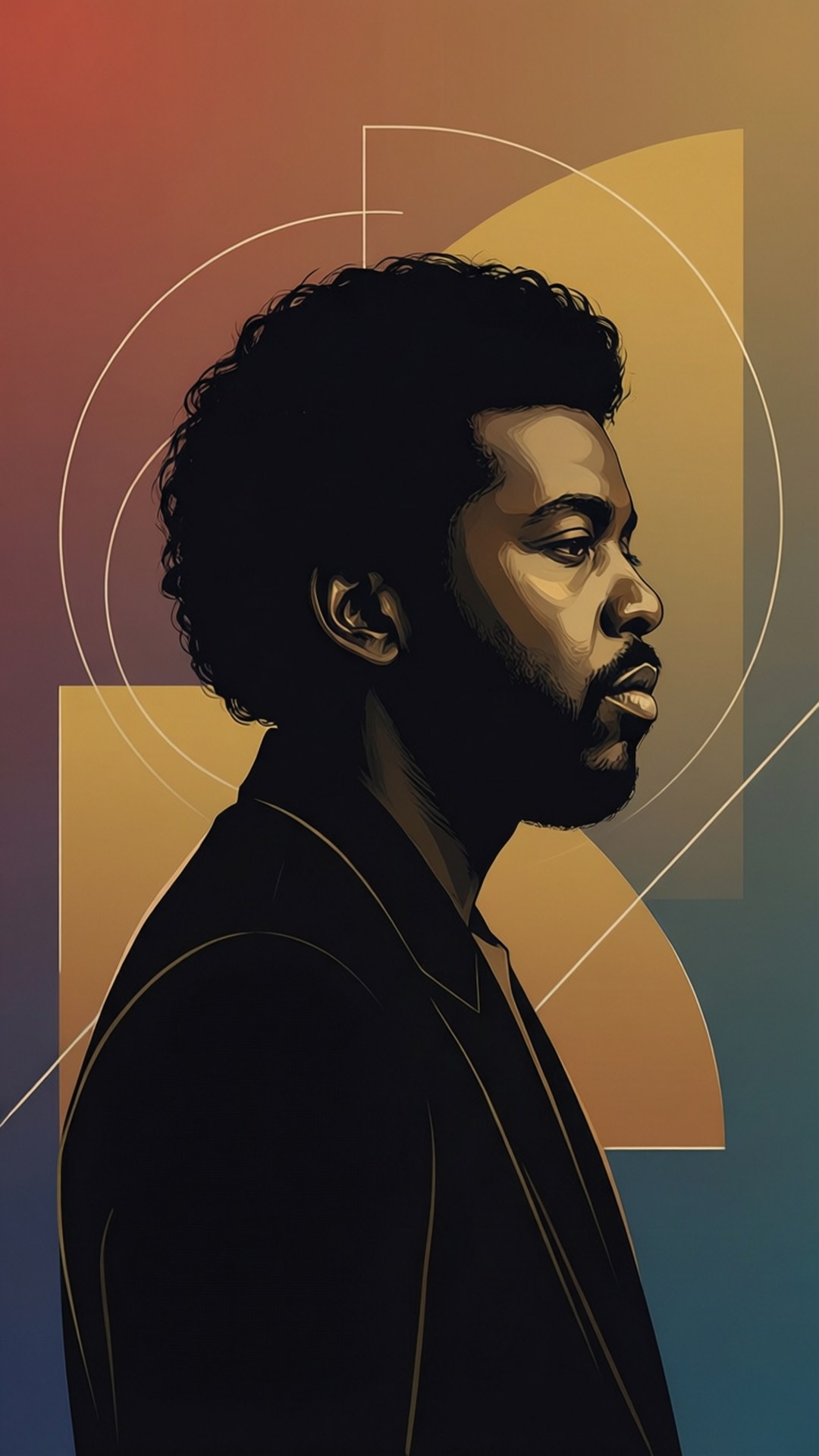 Minimalist Silhouette Art 壁紙 — 一個風格化的黑人男性側面肖像，背景為漸變色和幾何形狀。
