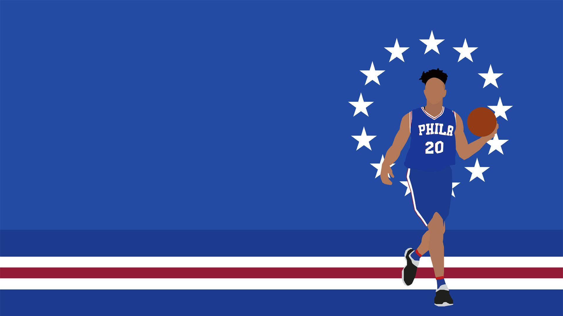 籃球運動員穿著藍色球衣在星星和條紋背景上運球。 — NBA 壁紙