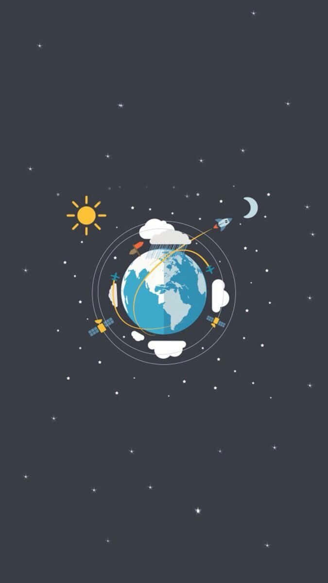  壁紙 — 一個風格化的藍色地球圍繞太陽、月亮和星星運行，並有衛星和火箭在黑暗的星空背景中。