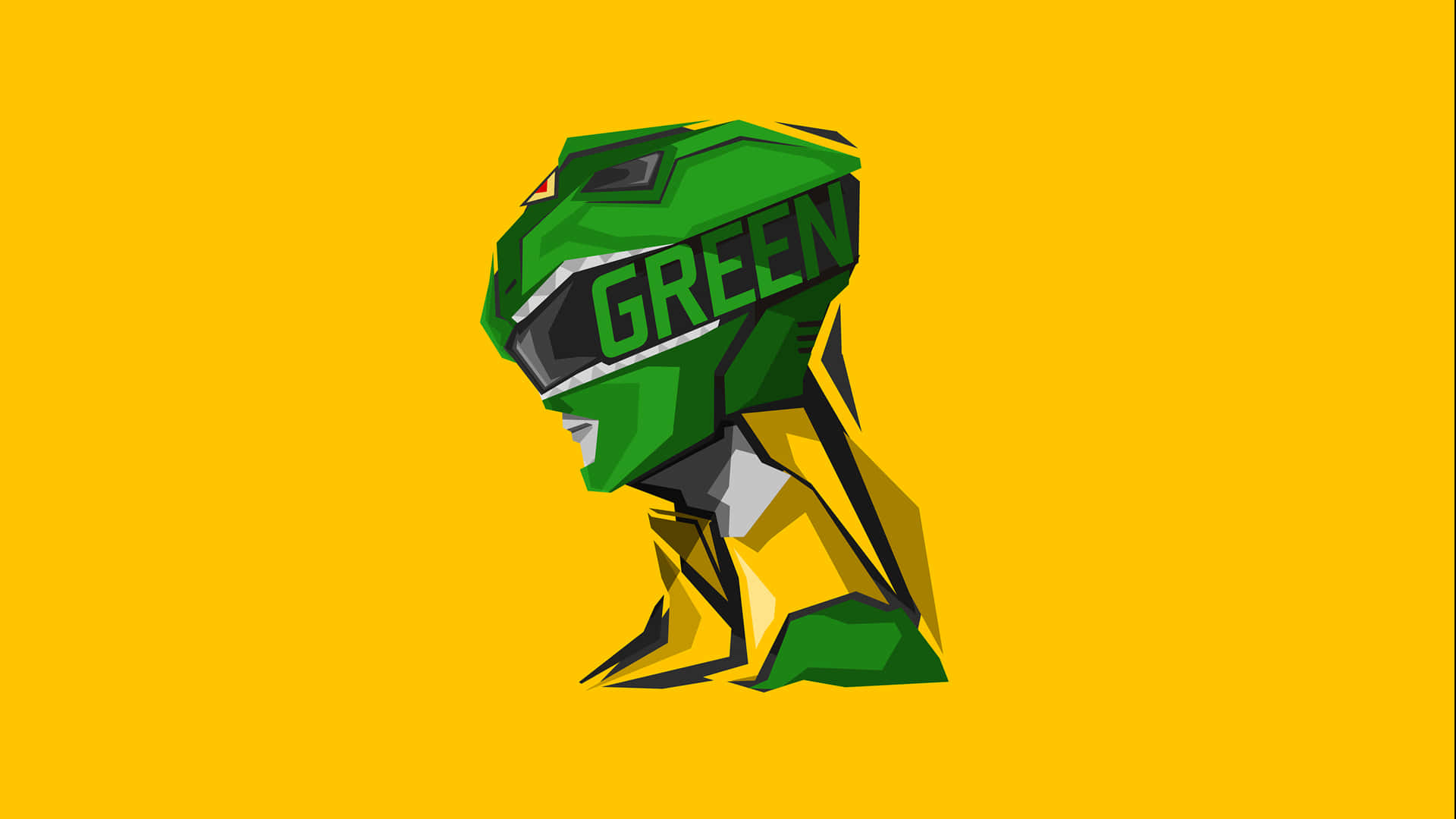 壁紙 — 一個風格化的綠色恐龍頭盔，上面有「GREEN」文字，側面站立在純黃色背景上。