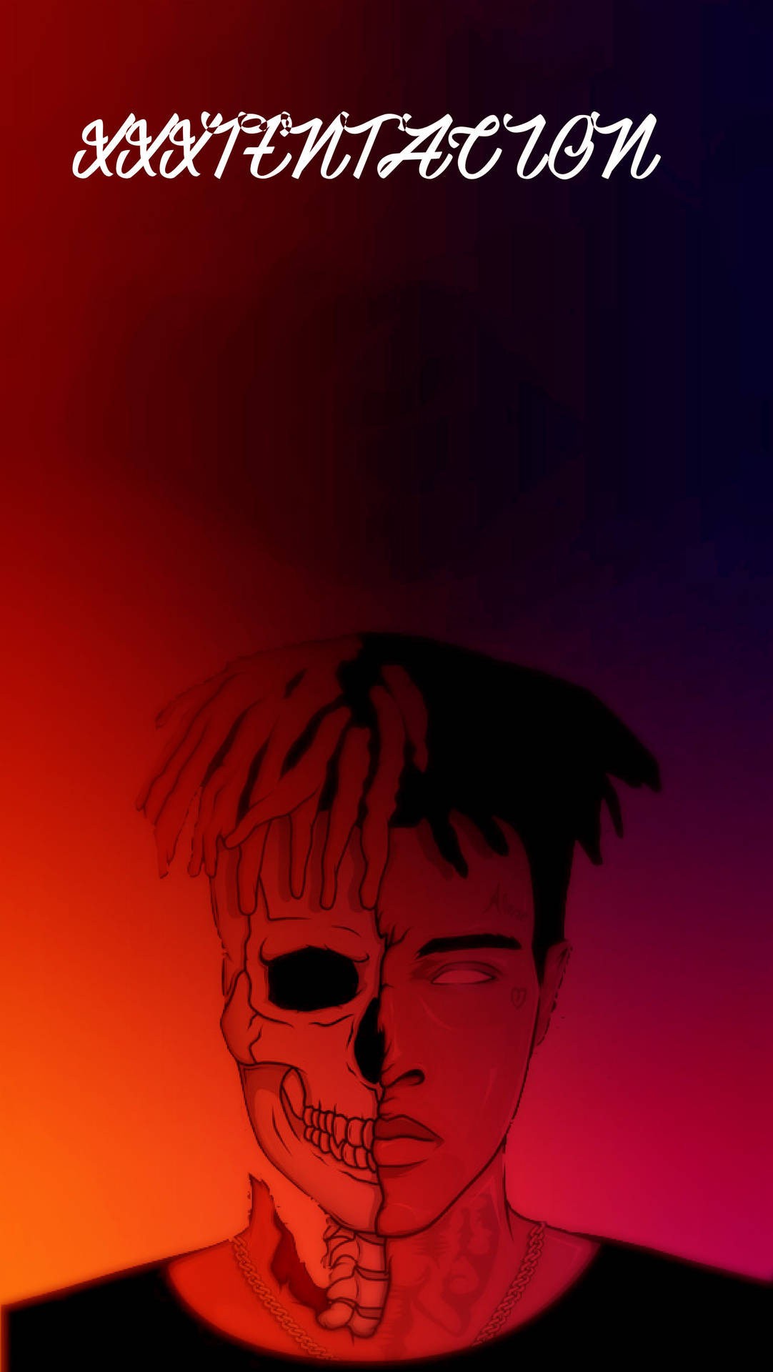 半邊頭骨半邊臉的肖像，帶有紅色和紫色漸變背景及文字。 — Xxxtentacion 壁紙