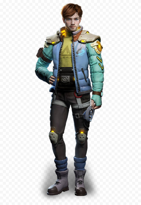未來風格的遊戲角色穿著藍、綠、黃色盔甲自信站立 — Free Fire 壁紙