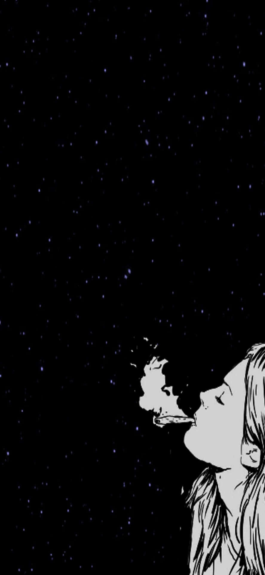 女性在繁星點點的夜空下呼出煙霧的黑白插圖。 — iPhone 13 壁紙