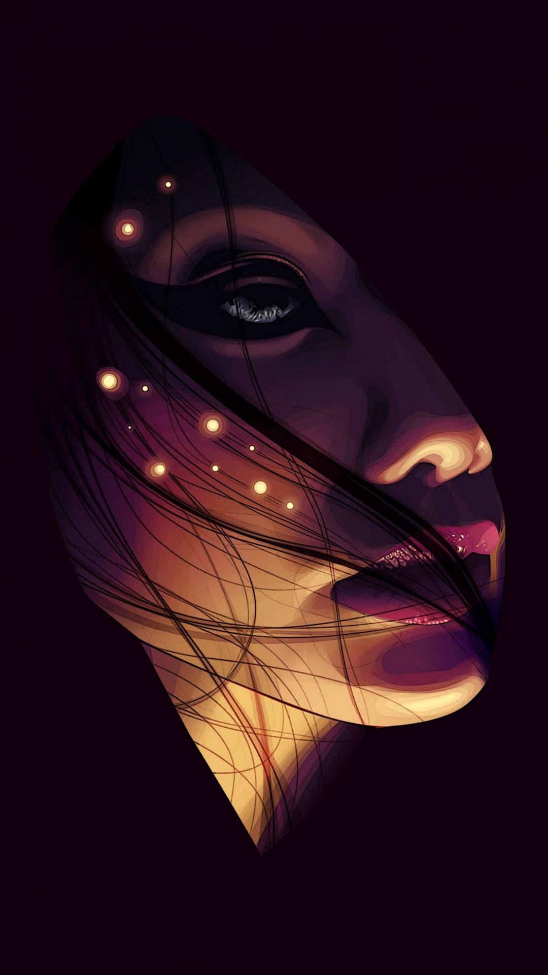 一位女性的側面，頭髮中有發光球體，背景為深色。 — Amoled 壁紙