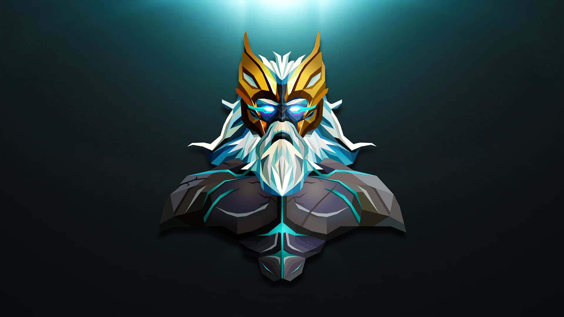 Dota 2 Zeus 桌布 壁紙 — 一個風格化的數位藝術神，擁有發光的藍色眼睛和金色頭盔，站在深藍綠色背景前。