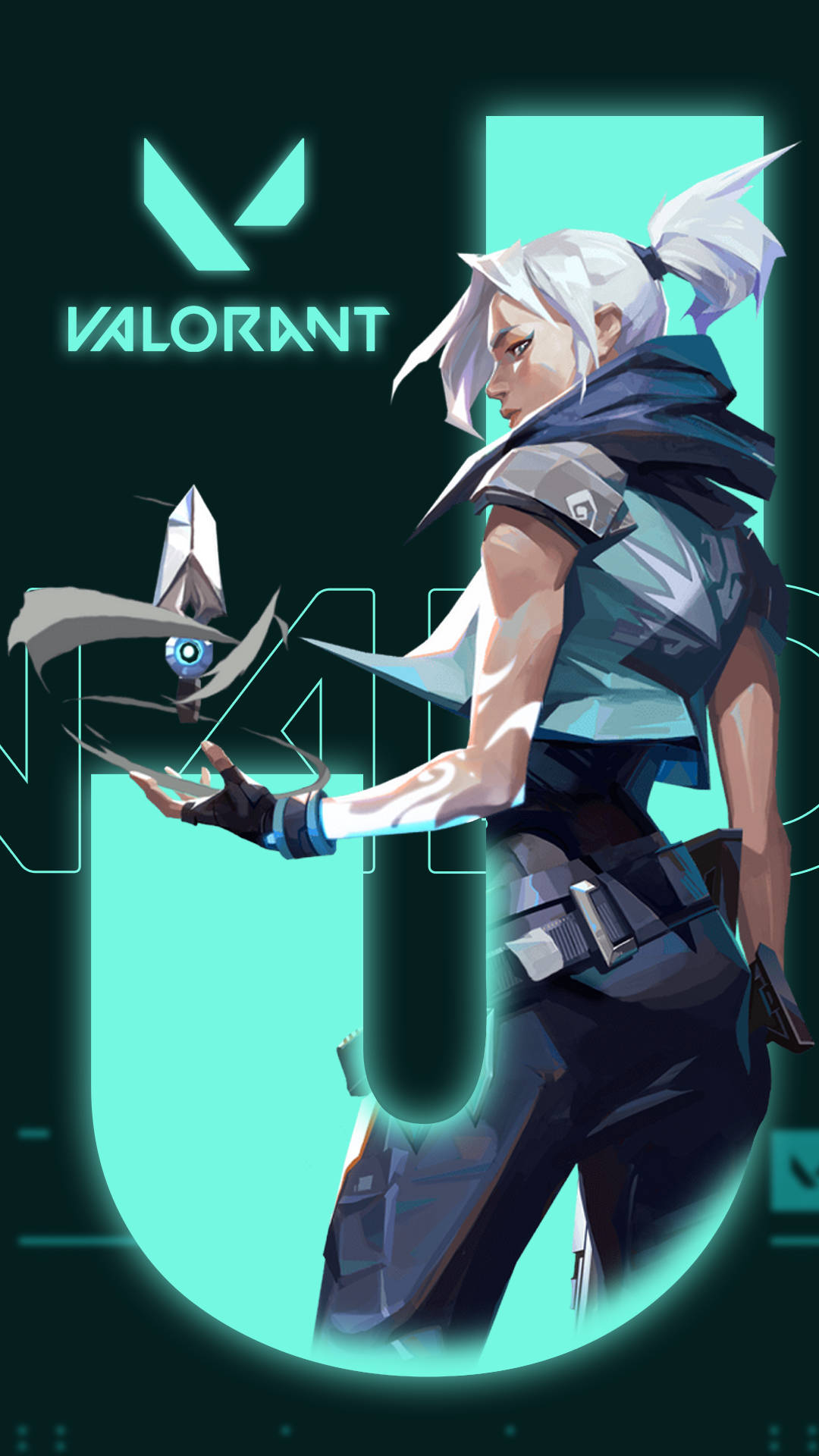 在霓虹燈數位環境中手持發光武器的Valorant特工。 — Valorant 壁紙
