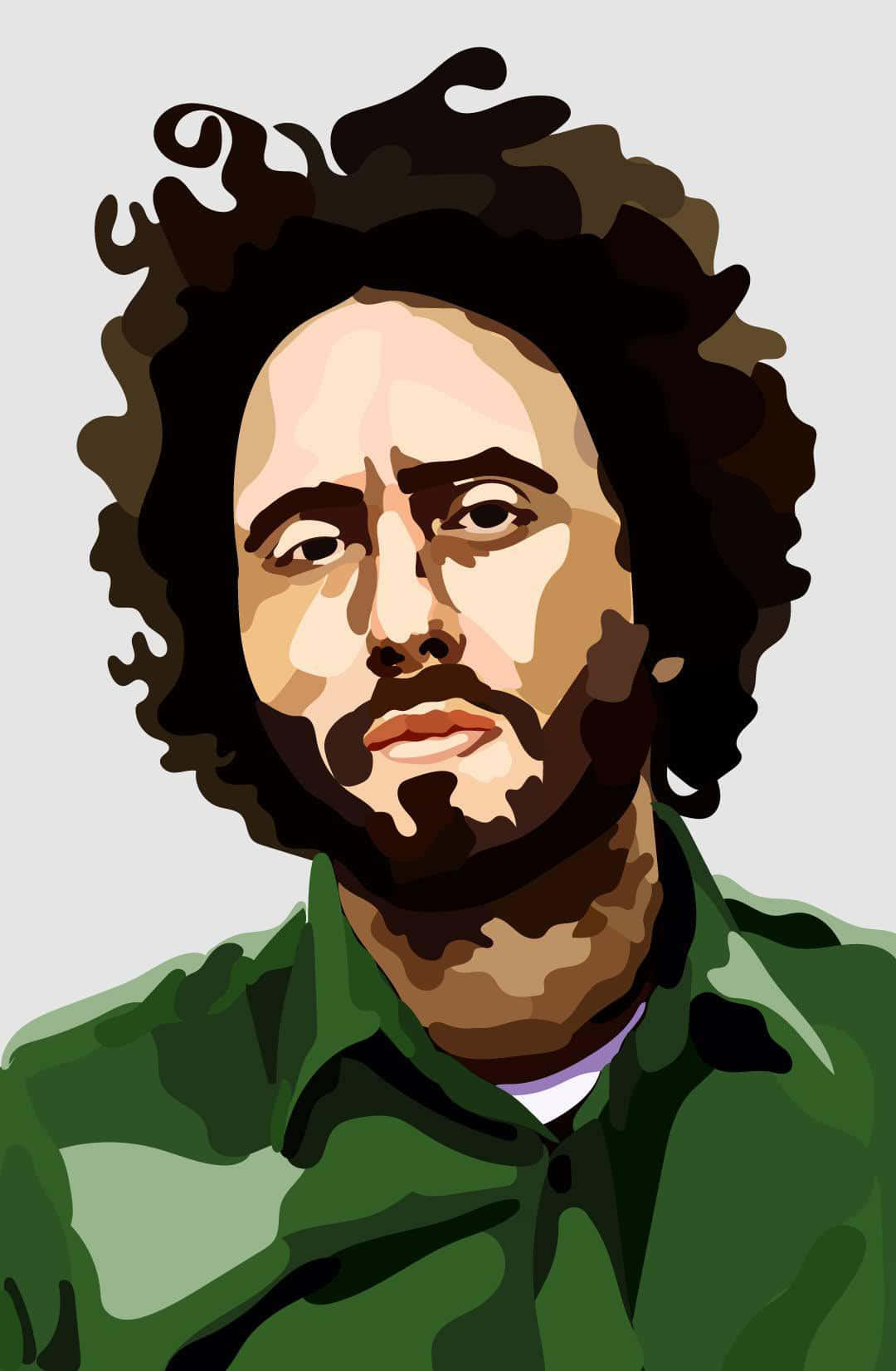  壁紙 — 一個風格化的肖像，描繪一名擁有深色捲髮和鬍鬚、身穿綠色襯衫的男子，背景為純色。