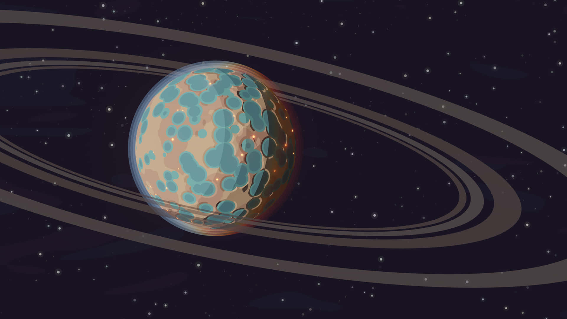 一個色彩繽紛的行星，帶有光環，漂浮在佈滿星星的空間中。 — 3D 壁紙