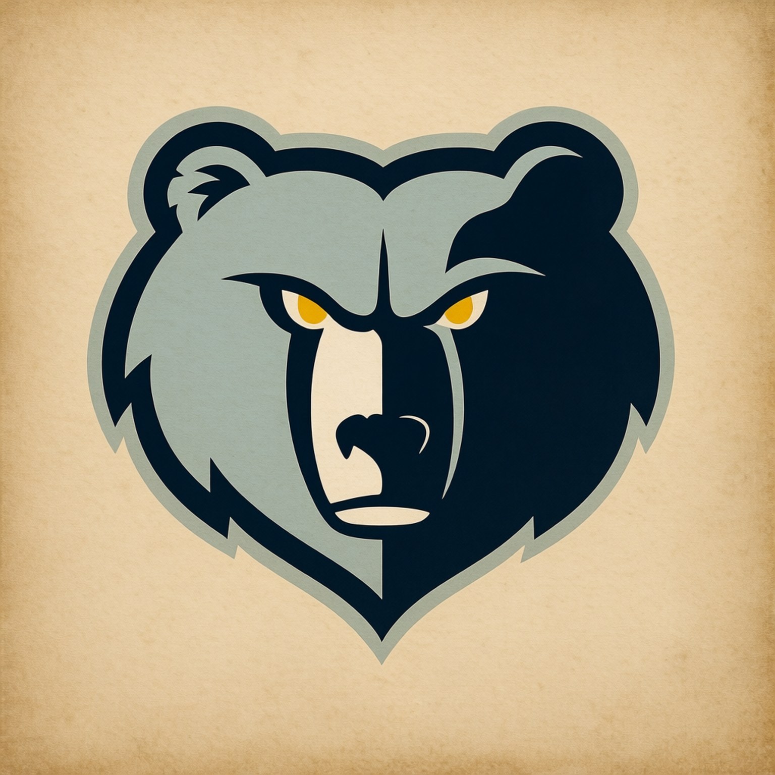 Vintage Grizzlies Logo 壁紙 — 一個風格化的熊頭標誌，帶有黃色眼睛和灰黑色配色，設置在米色紋理背景上。