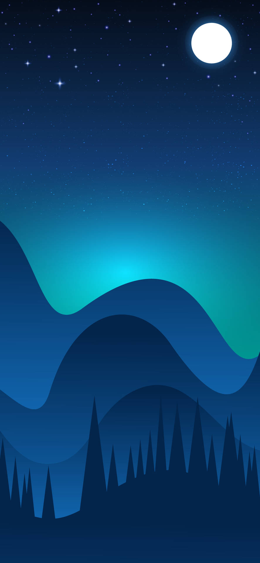 夜空，月亮和星星在藍色山脈和松樹之上。 — iOS 15 壁紙
